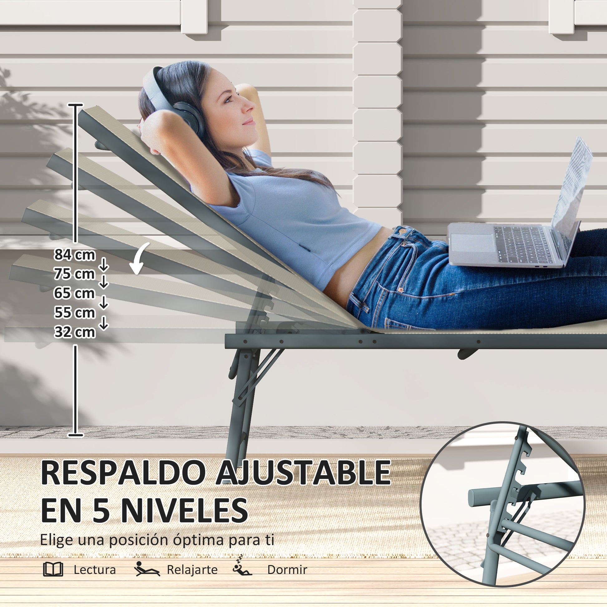 Outsunny Pack de 2 Tumbonas Jardín Exterior Tumbonas Plegables Reclinables en 5 Posiciones con Estructura Metálica y Asiento de Malla Transpirable para Playa Piscina 164x54x84 cm Crema
