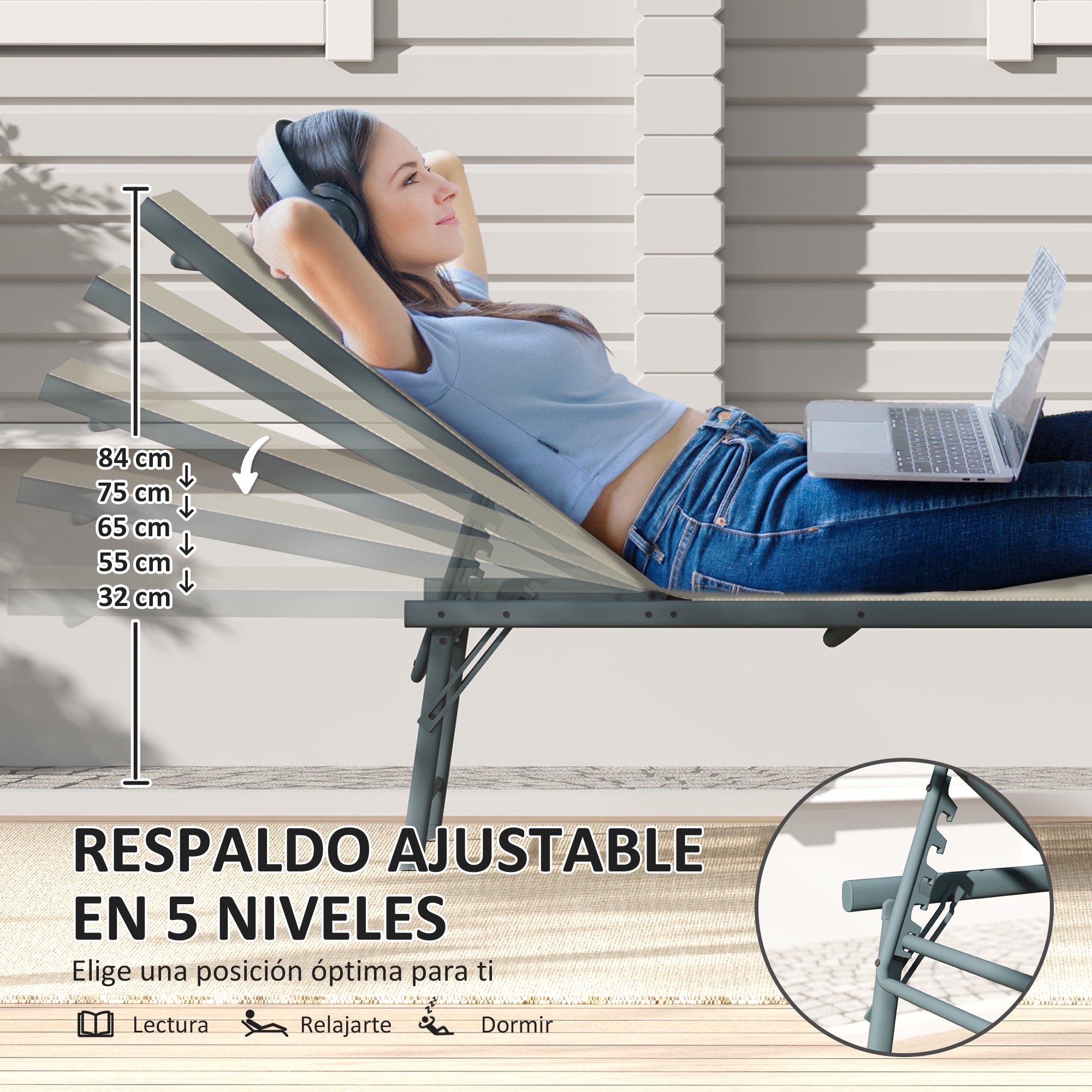 Outsunny Pack de 2 Tumbonas Jardín Exterior Tumbonas Plegables Reclinables en 5 Posiciones con Estructura Metálica y Asiento de Malla Transpirable para Playa Piscina 164x54x84 cm Crema