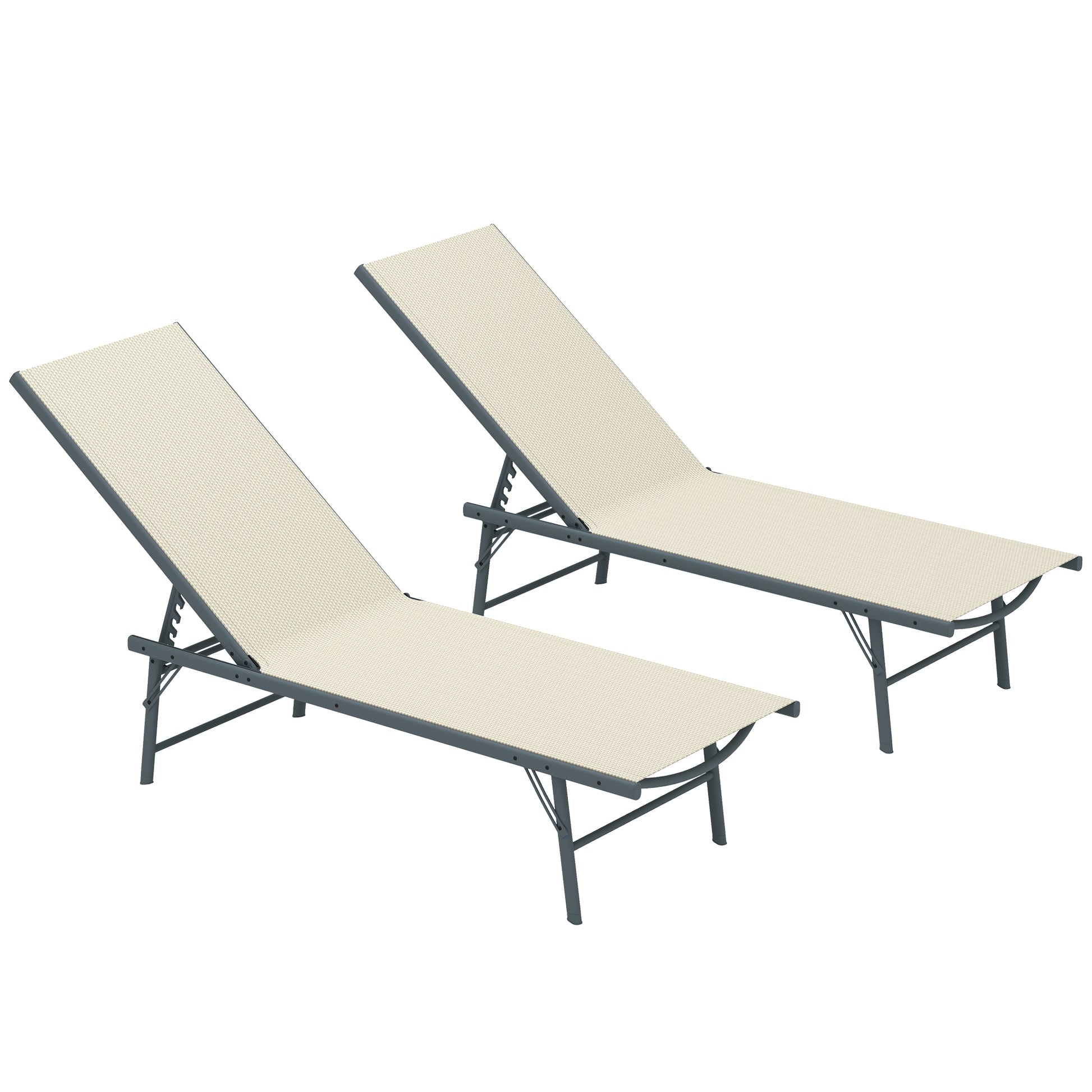Outsunny Pack de 2 Tumbonas Jardín Exterior Tumbonas Plegables Reclinables en 5 Posiciones con Estructura Metálica y Asiento de Malla Transpirable para Playa Piscina 164x54x84 cm Crema