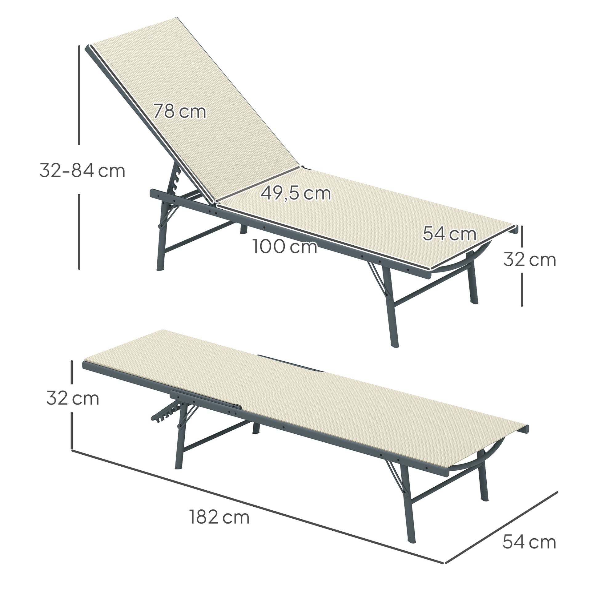 Outsunny Pack de 2 Tumbonas Jardín Exterior Tumbonas Plegables Reclinables en 5 Posiciones con Estructura Metálica y Asiento de Malla Transpirable para Playa Piscina 164x54x84 cm Crema