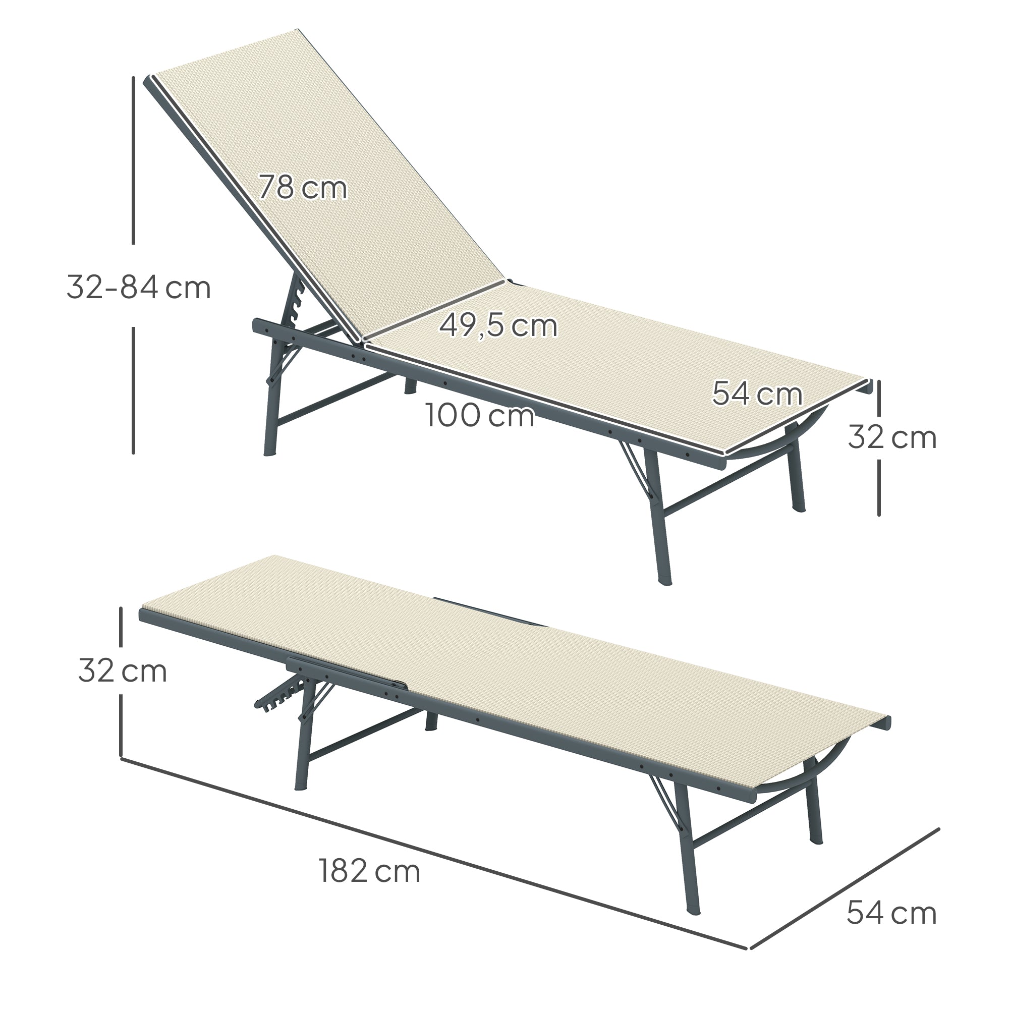 Outsunny Pack de 2 Tumbonas Jardín Exterior Tumbonas Plegables Reclinables en 5 Posiciones con Estructura Metálica y Asiento de Malla Transpirable para Playa Piscina 164x54x84 cm Crema