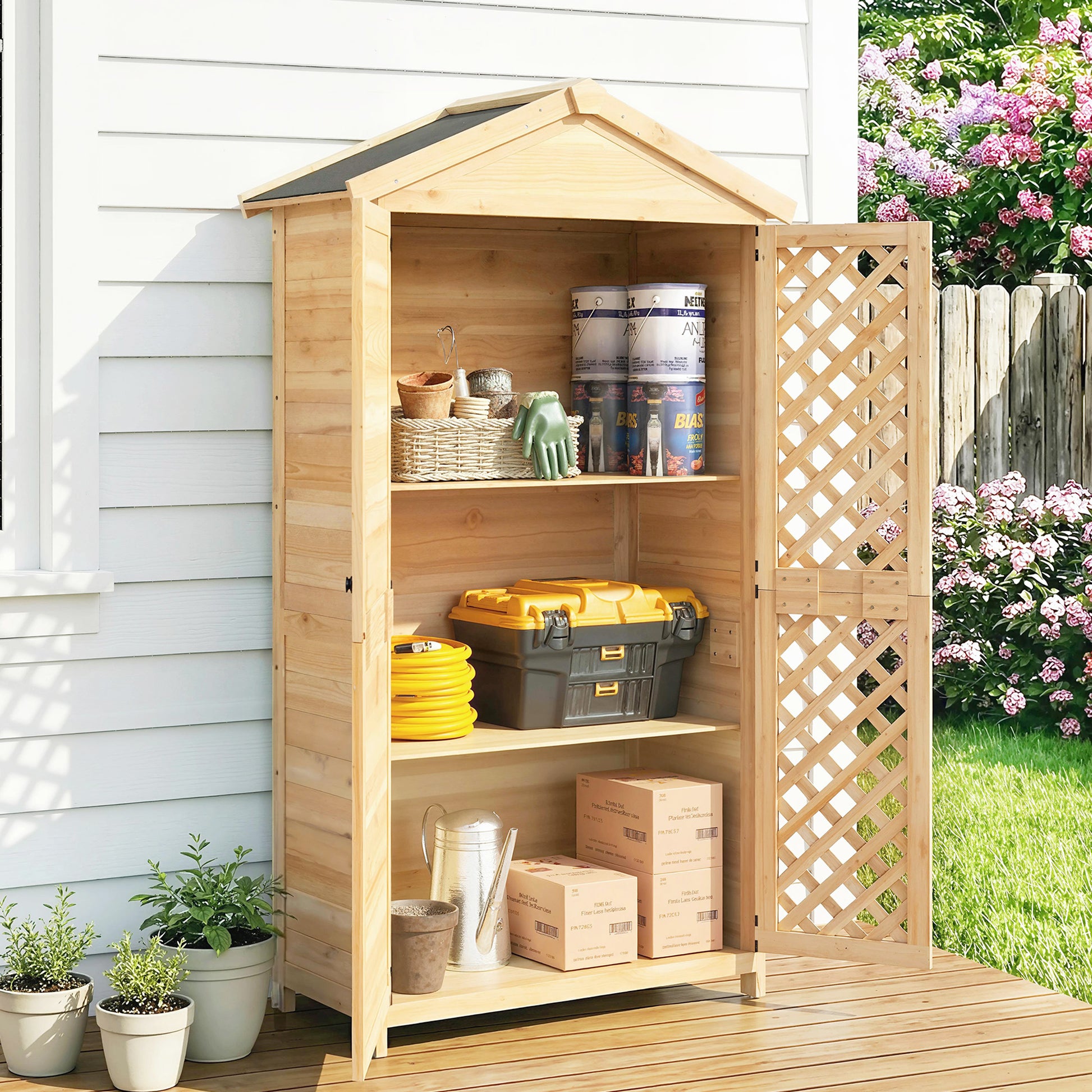 Outsunny Armario de Exterior de Madera Caseta Jardín Exterior con Techo de Asfalto 2 Puertas Ventiladas con Pestillo 2 Estantes Extraíbles Cobertizo de Jardín para Almacenaje Herramientas Natural