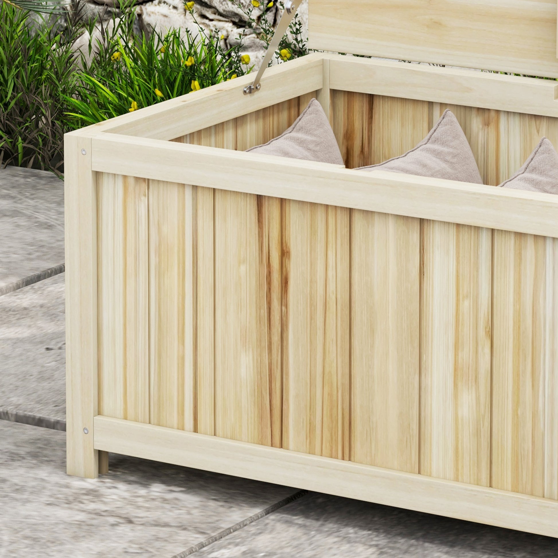 Outsunny Arcón Exterior de Madera, 172 L, Baúl Almacenaje Exterior con Tapa Abatible, Resistente a la Intemperie, para Jardín, Terraza, Patio, 120x55x45 cm, Madera Natural