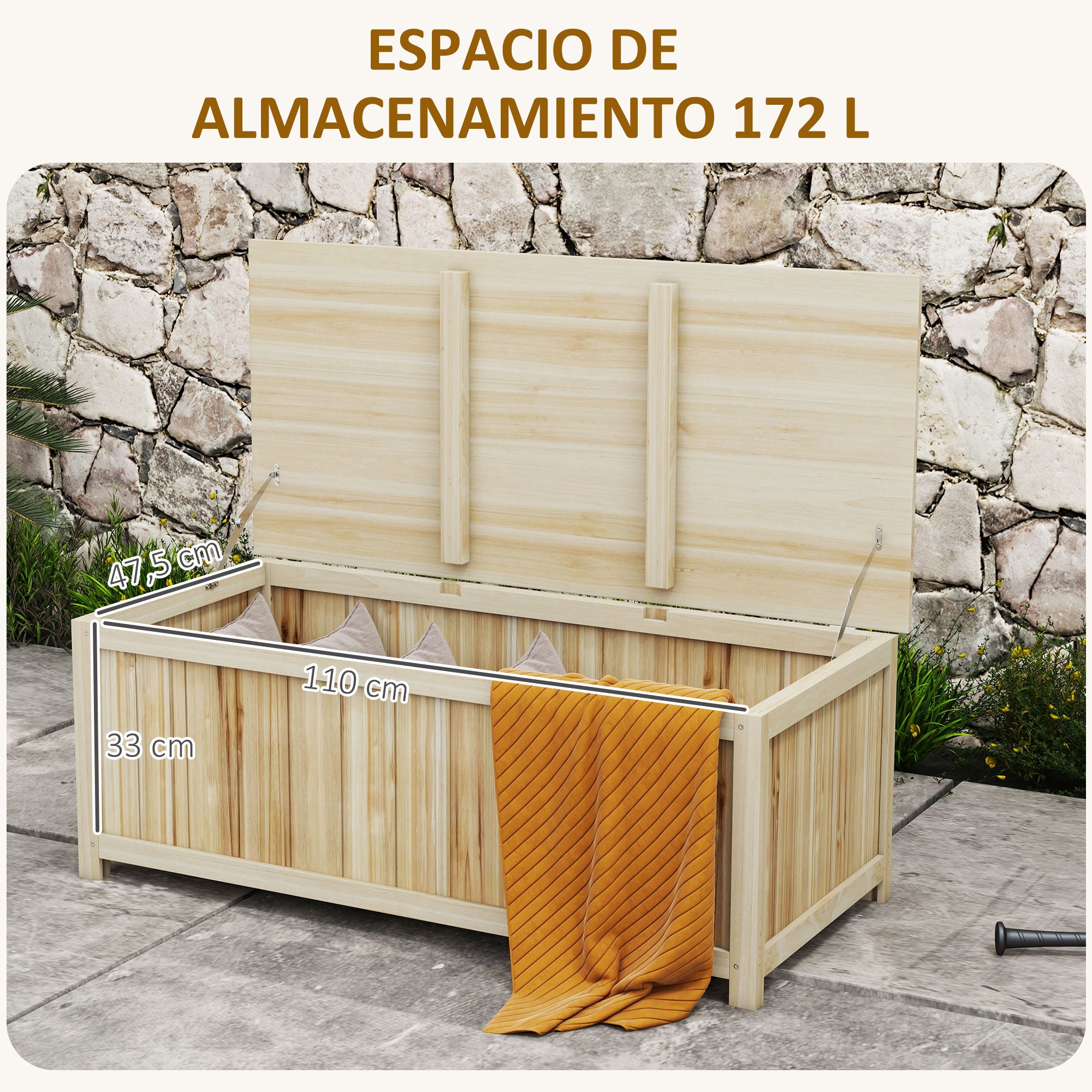 Outsunny Arcón Exterior de Madera, 172 L, Baúl Almacenaje Exterior con Tapa Abatible, Resistente a la Intemperie, para Jardín, Terraza, Patio, 120x55x45 cm, Madera Natural