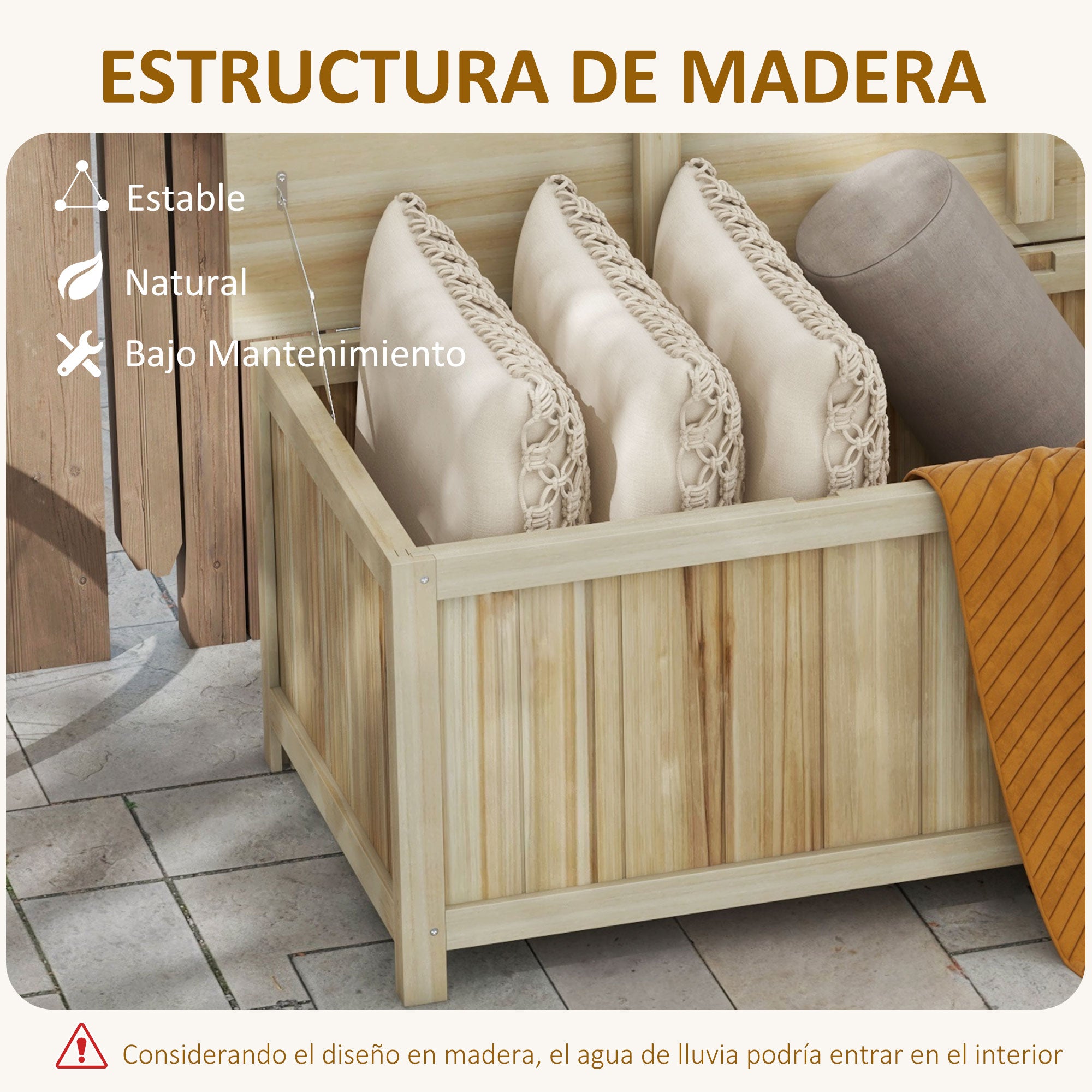 Outsunny Arcón Exterior de Madera, 172 L, Baúl Almacenaje Exterior con Tapa Abatible, Resistente a la Intemperie, para Jardín, Terraza, Patio, 120x55x45 cm, Madera Natural