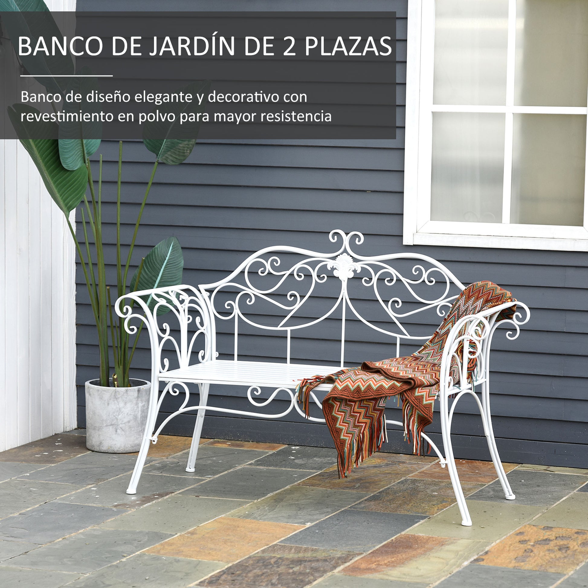 Outsunny Banco de Jardín con Respaldo de 2 Plazas 131x51x90 cm Asiento de Patio para Exterior Porche Parque en Hierro Fundido Carga 250 kg Color Blanco