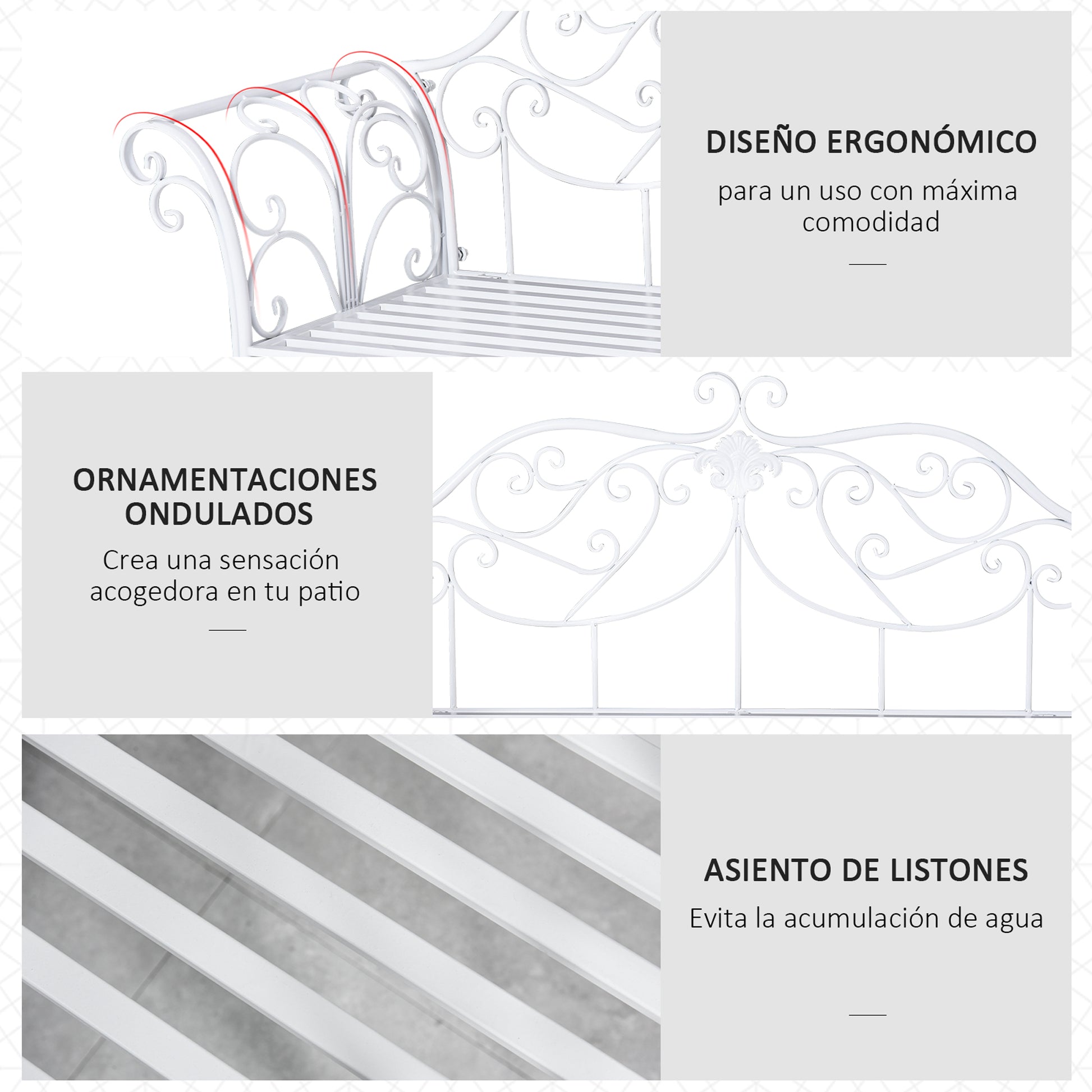 Outsunny Banco de Jardín con Respaldo de 2 Plazas 131x51x90 cm Asiento de Patio para Exterior Porche Parque en Hierro Fundido Carga 250 kg Color Blanco