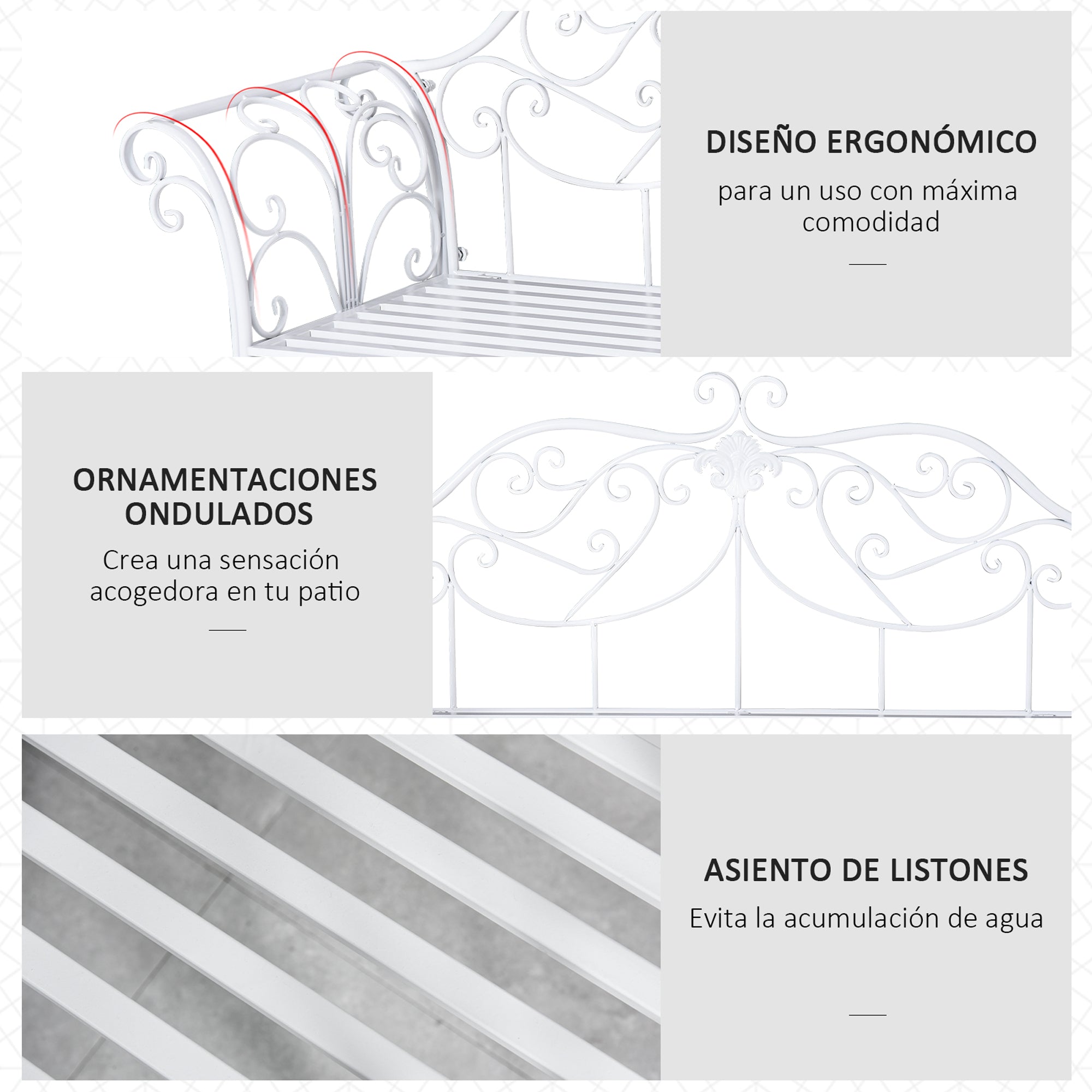 Outsunny Banco de Jardín con Respaldo de 2 Plazas 131x51x90 cm Asiento de Patio para Exterior Porche Parque en Hierro Fundido Carga 250 kg Color Blanco