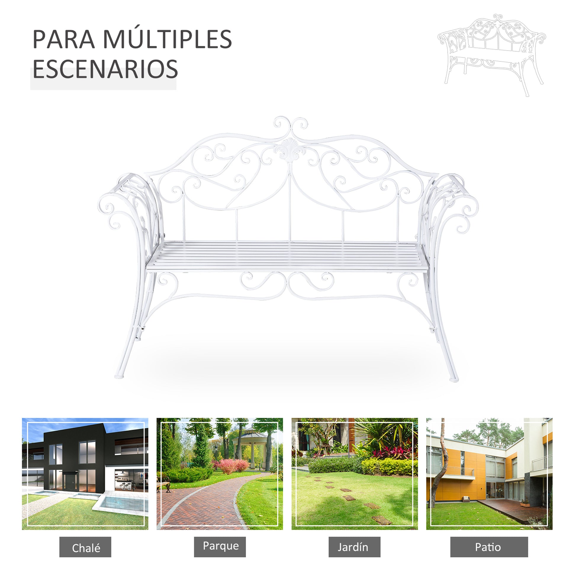 Outsunny Banco de Jardín con Respaldo de 2 Plazas 131x51x90 cm Asiento de Patio para Exterior Porche Parque en Hierro Fundido Carga 250 kg Color Blanco