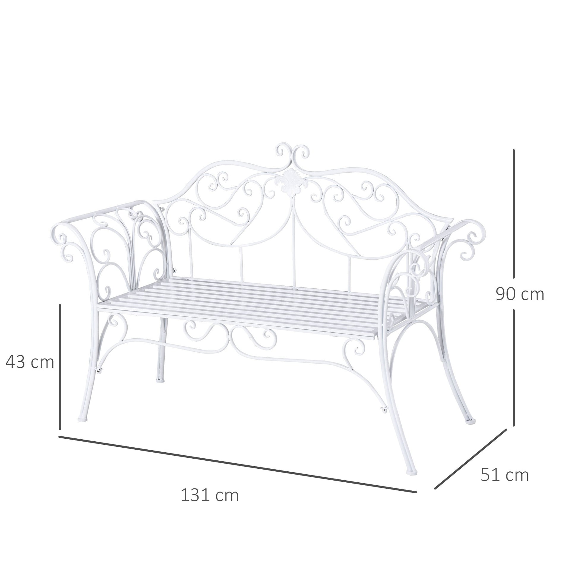 Outsunny Banco de Jardín con Respaldo de 2 Plazas 131x51x90 cm Asiento de Patio para Exterior Porche Parque en Hierro Fundido Carga 250 kg Color Blanco