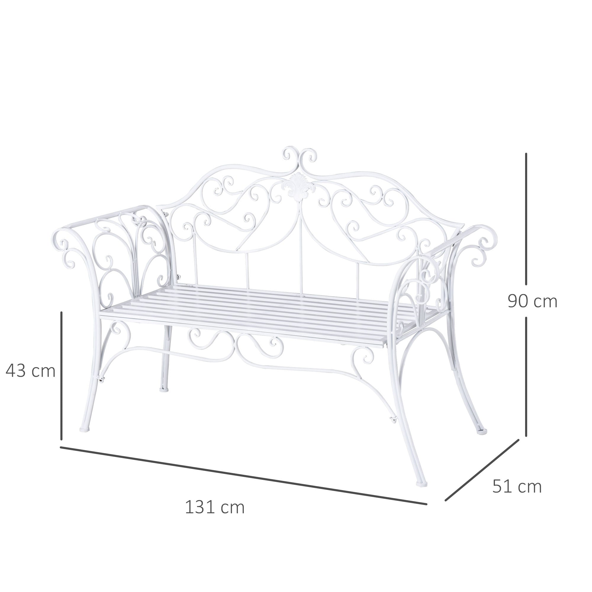 Outsunny Banco de Jardín con Respaldo de 2 Plazas 131x51x90 cm Asiento de Patio para Exterior Porche Parque en Hierro Fundido Carga 250 kg Color Blanco