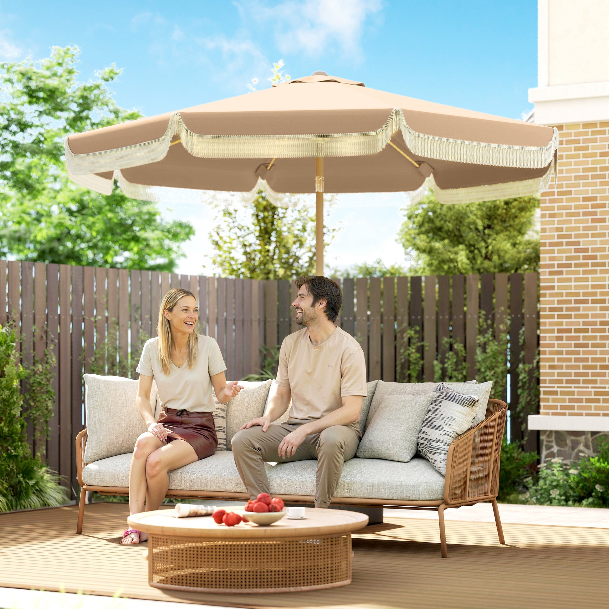 Outsunny Sombrilla Terraza Exterior, Ø266x238 cm, Sombrilla de Jardín con Ángulo Ajustable 30°, Manivela, Flecos y Ventilación, Impermeable, Parasol para Terraza, Playa, Patio, Balcón, Caqui