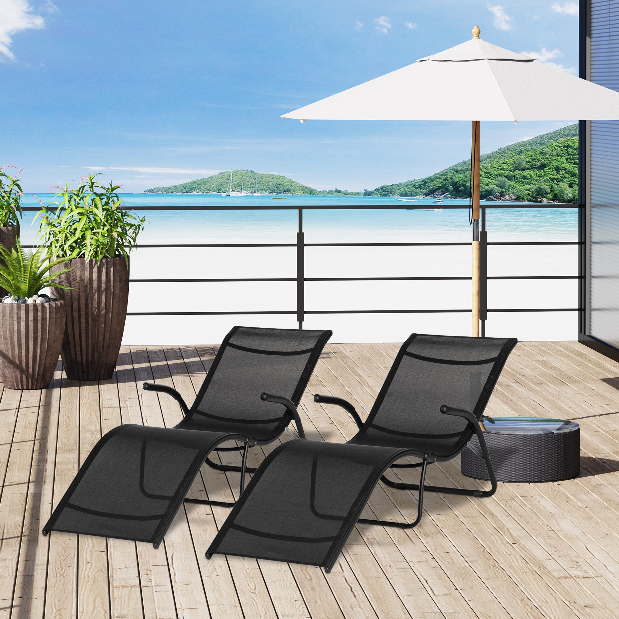 Outsunny Conjunto de 2 Tumbonas Plegables Tumbonas de Jardín con Reposabrazos Reposapiés y Respaldo Carga 160 kg para Terraza Playa Camping Exterior 170x62x68 cm Negro