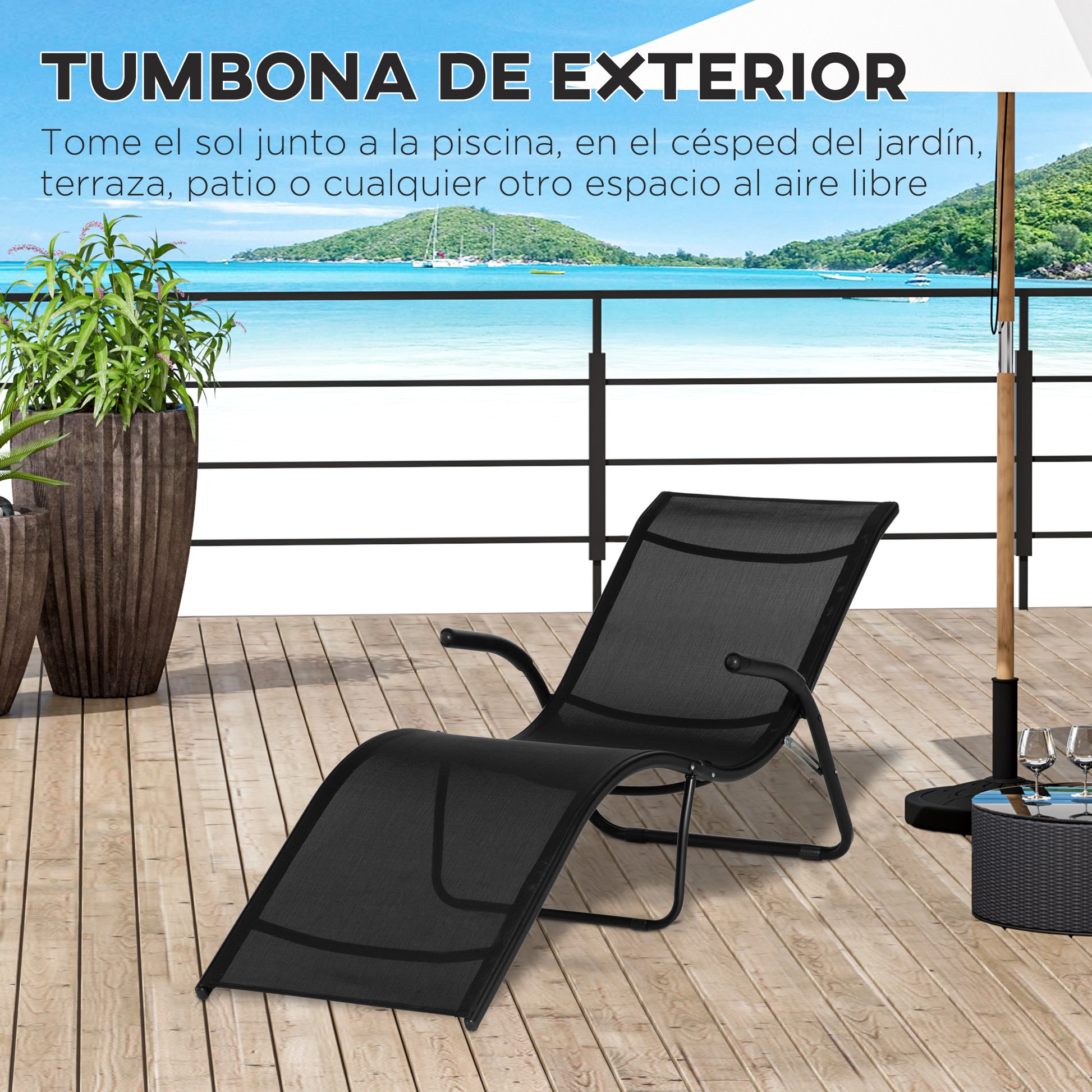 Outsunny Conjunto de 2 Tumbonas Plegables Tumbonas de Jardín con Reposabrazos Reposapiés y Respaldo Carga 160 kg para Terraza Playa Camping Exterior 170x62x68 cm Negro