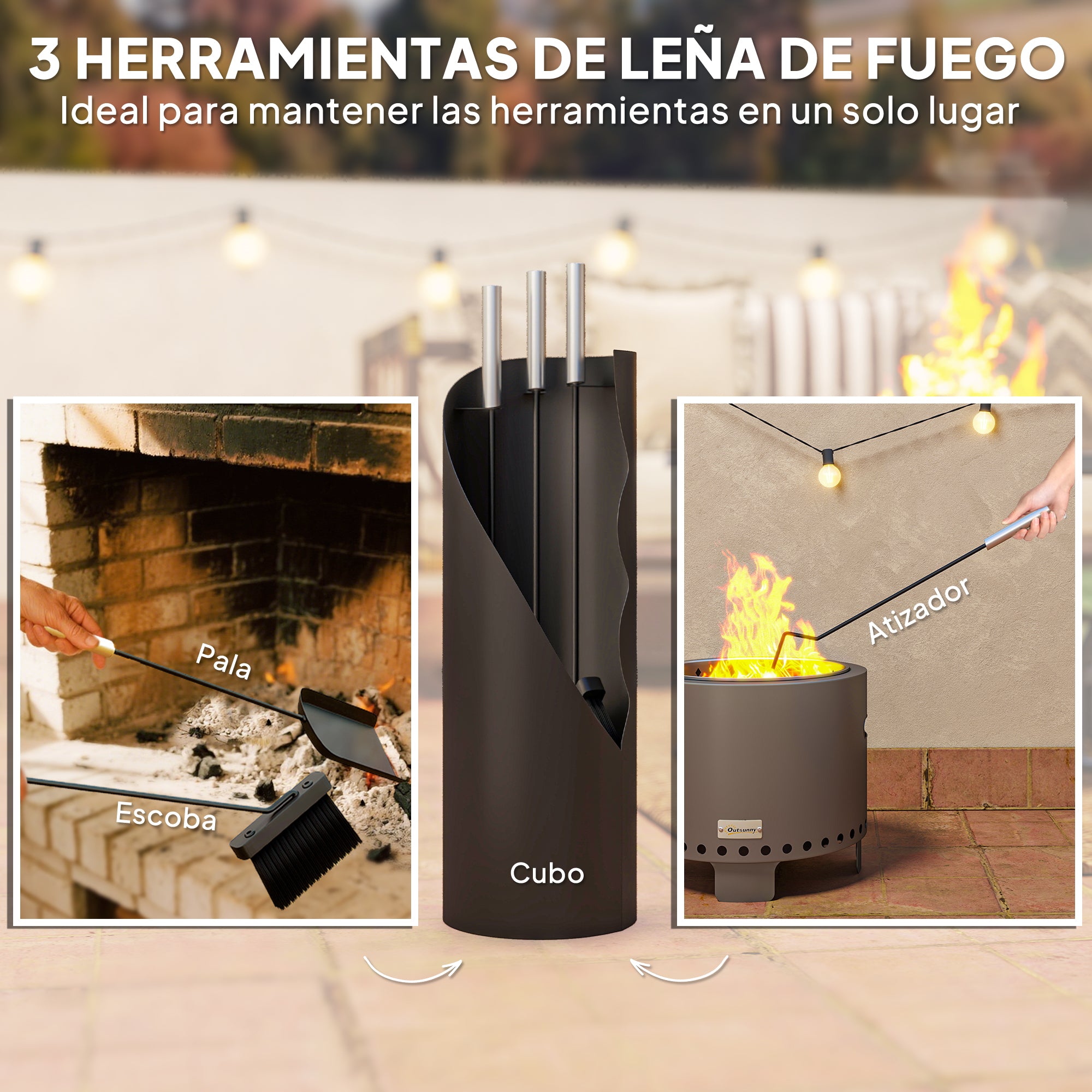 Outsunny Juego Utensilios Chimenea de 4 Piezas, Juego de Accesorios para Chimenea de Metal con Escoba, Pala, Atizador y Cubo, 20x20x65 cm, Negro y Plateado