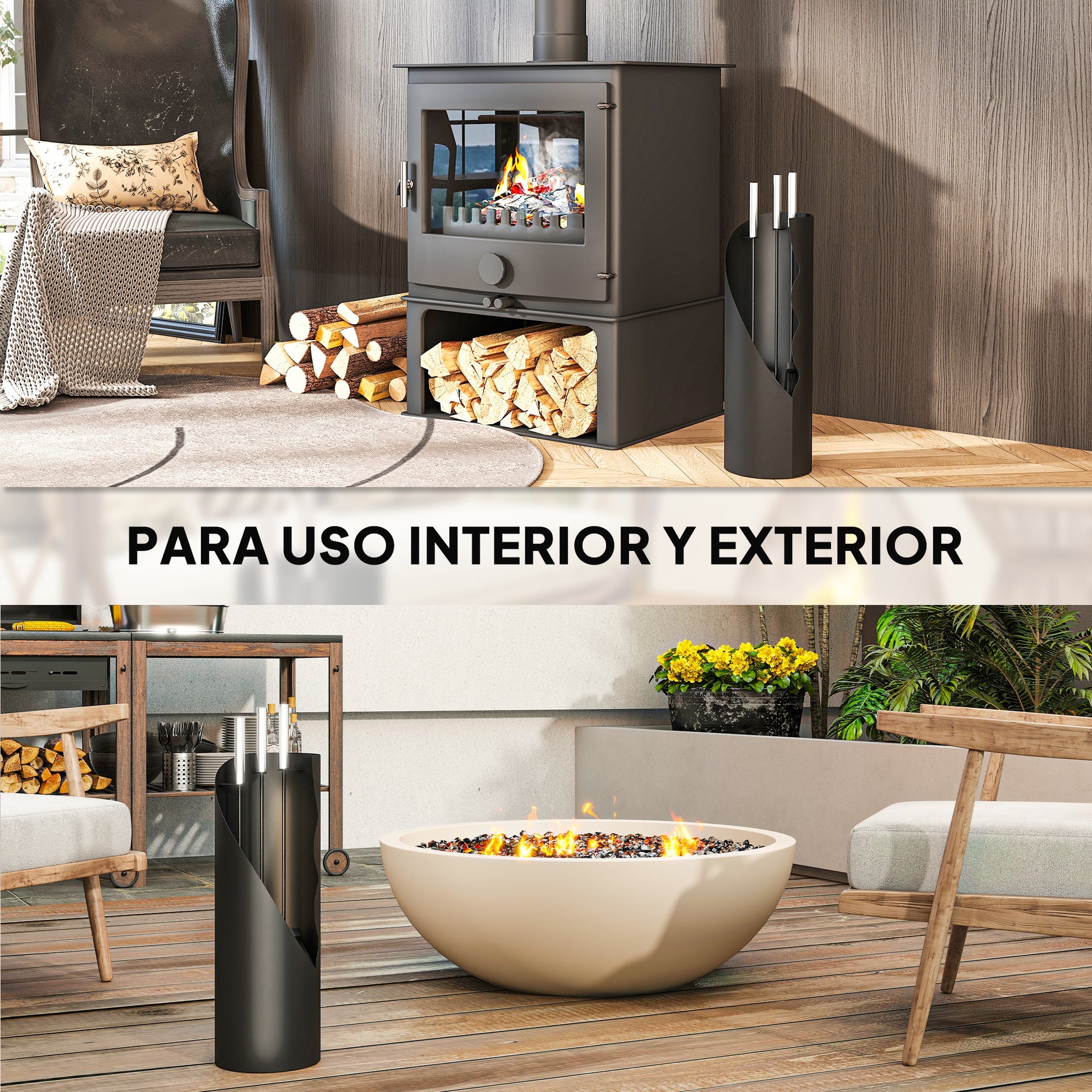 Outsunny Juego Utensilios Chimenea de 4 Piezas, Juego de Accesorios para Chimenea de Metal con Escoba, Pala, Atizador y Cubo, 20x20x65 cm, Negro y Plateado