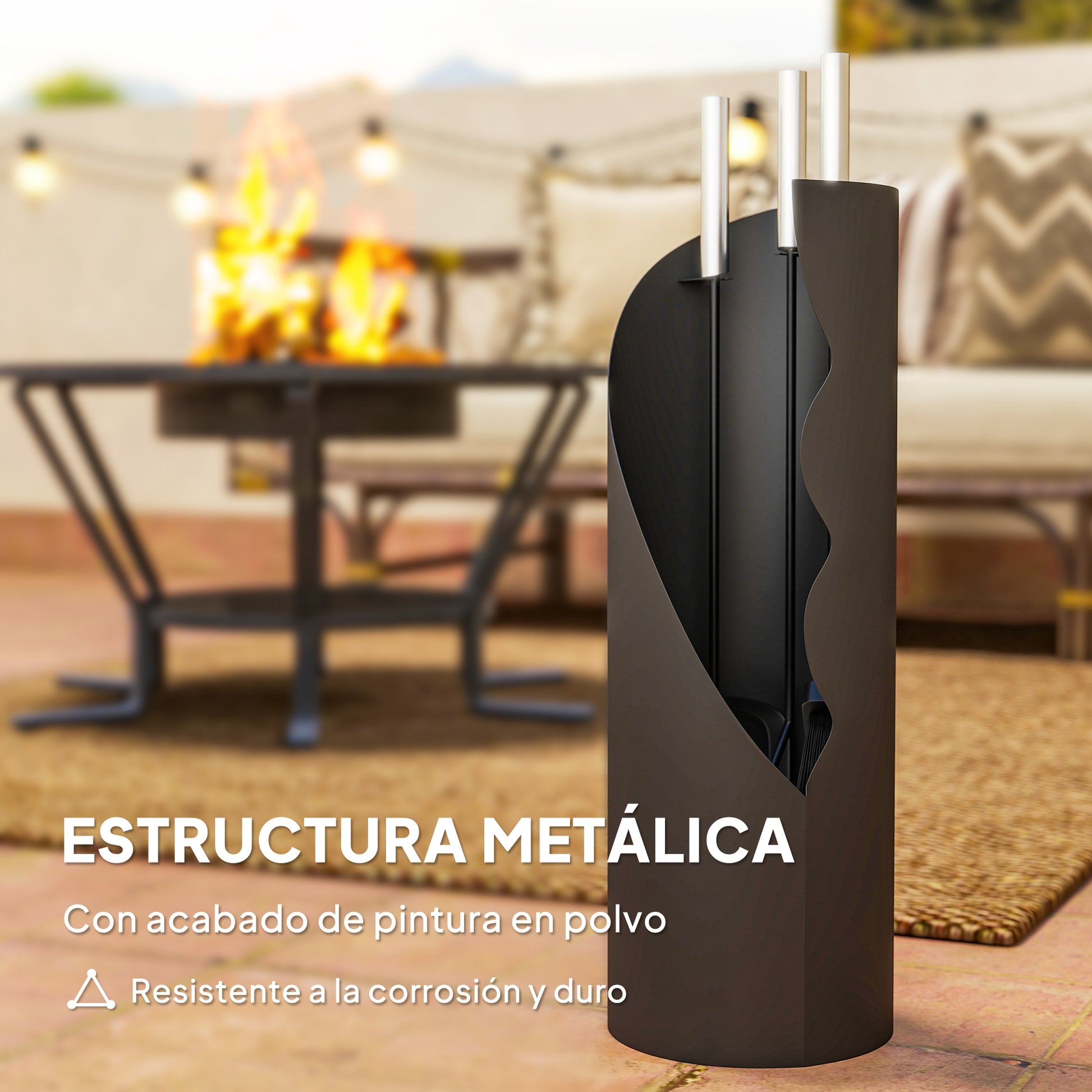 Outsunny Juego Utensilios Chimenea de 4 Piezas, Juego de Accesorios para Chimenea de Metal con Escoba, Pala, Atizador y Cubo, 20x20x65 cm, Negro y Plateado