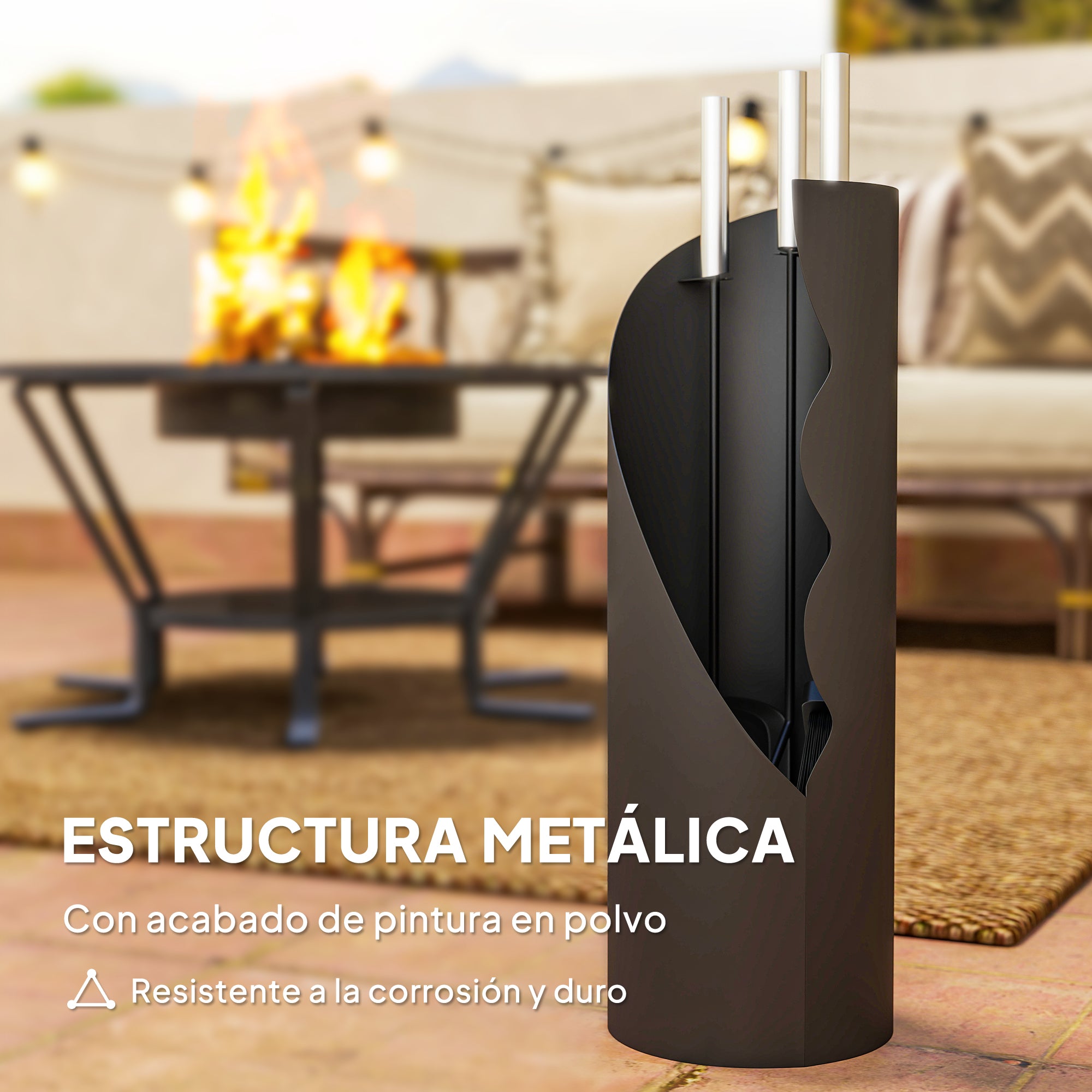 Outsunny Juego Utensilios Chimenea de 4 Piezas, Juego de Accesorios para Chimenea de Metal con Escoba, Pala, Atizador y Cubo, 20x20x65 cm, Negro y Plateado