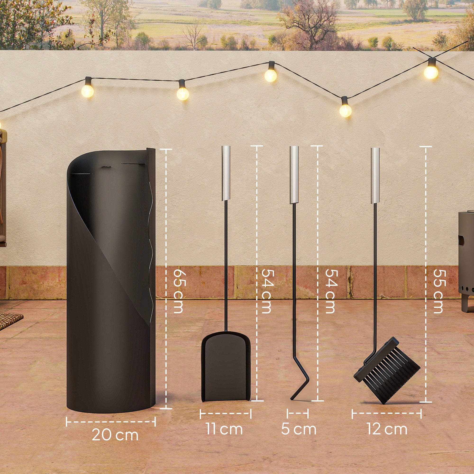 Outsunny Juego Utensilios Chimenea de 4 Piezas, Juego de Accesorios para Chimenea de Metal con Escoba, Pala, Atizador y Cubo, 20x20x65 cm, Negro y Plateado