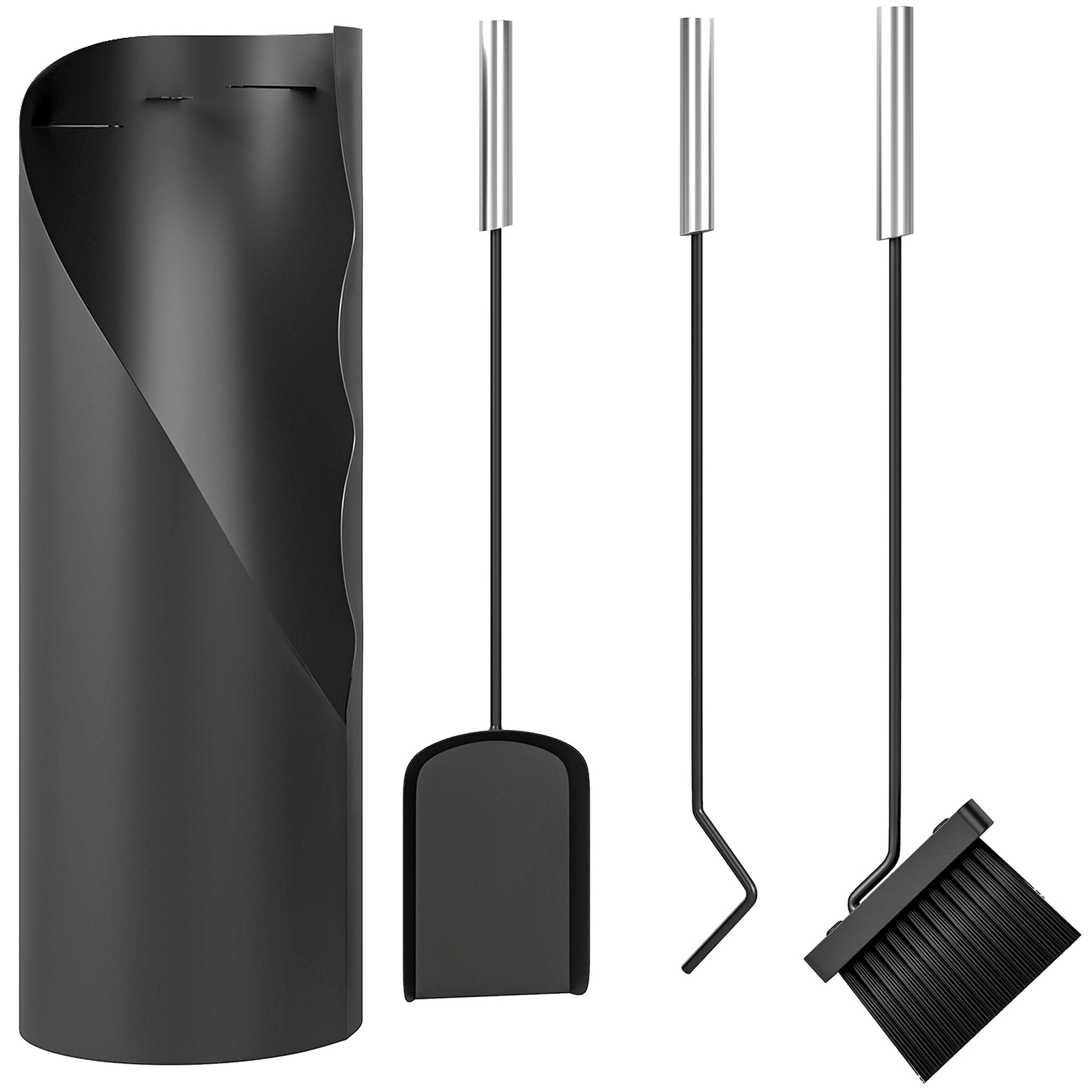 Outsunny Juego Utensilios Chimenea de 4 Piezas, Juego de Accesorios para Chimenea de Metal con Escoba, Pala, Atizador y Cubo, 20x20x65 cm, Negro y Plateado
