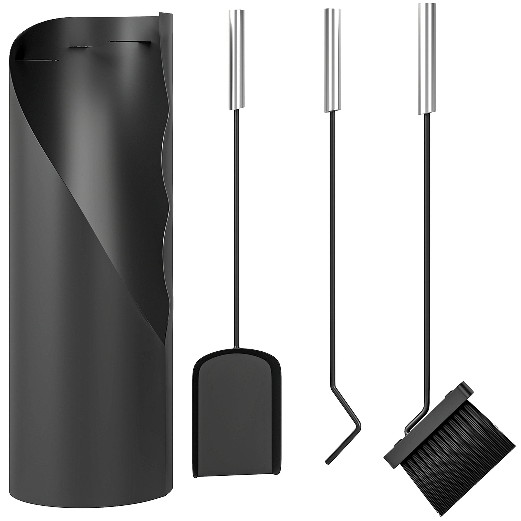 Outsunny Juego Utensilios Chimenea de 4 Piezas, Juego de Accesorios para Chimenea de Metal con Escoba, Pala, Atizador y Cubo, 20x20x65 cm, Negro y Plateado