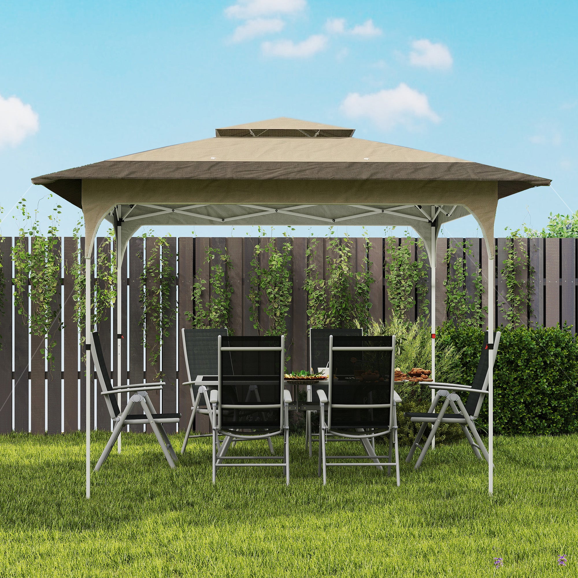 Outsunny Carpa Plegable 3,5x3,5 m, Pop-up, Cenador Pabellón de Jardín con Doble Techo, Cierre Central, UPF50+, Altura Ajustable de 3 Niveles y Bolsa de Transporte, Gazebo para Fiestas, Exterior, Caqui