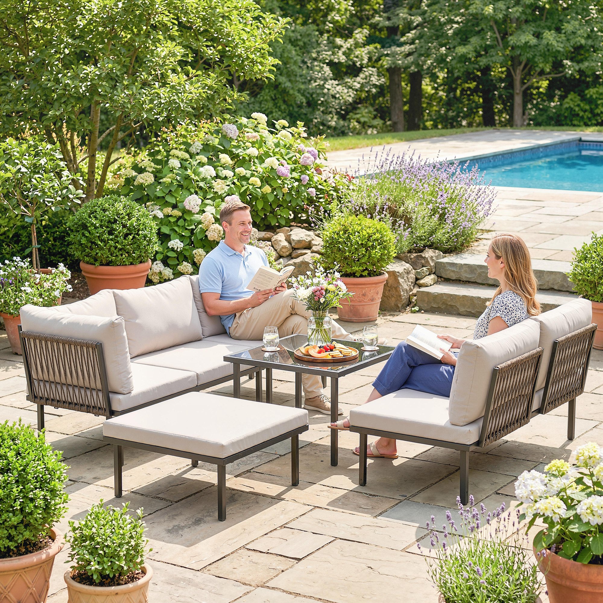 Outsunny Conjunto de Muebles Jardín Exterior de 6 Piezas Sofá Exterior Seccional Forma de L con Sofá de 2 Plazas Módulo de Esquina 2 Sillones Reposapiés Mesa con Tapa de Vidrio y Cojines Gris Claro