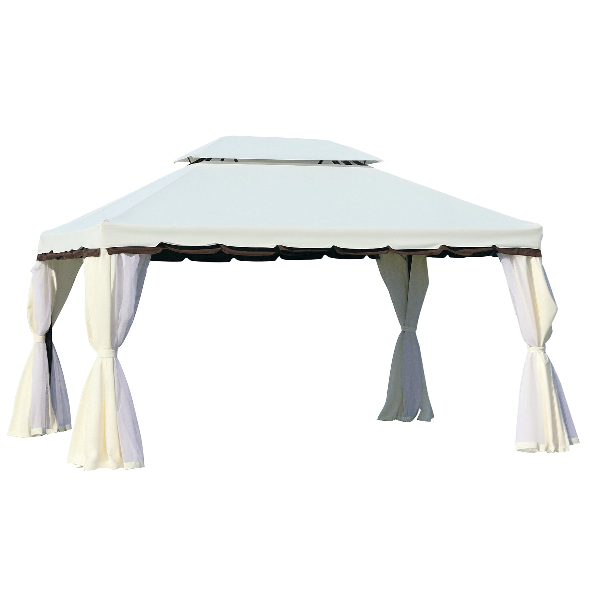 Outsunny Cenador de Jardín 4x3 m, Pabellón de Jardín Gazebo con Doble Techo, 4 Cortinas y Mosquitera, Marco de Aluminio, Orificios de Drenaje, UPF50+, Carpa para Exterior, Terraza, Patio, Blanco Crema