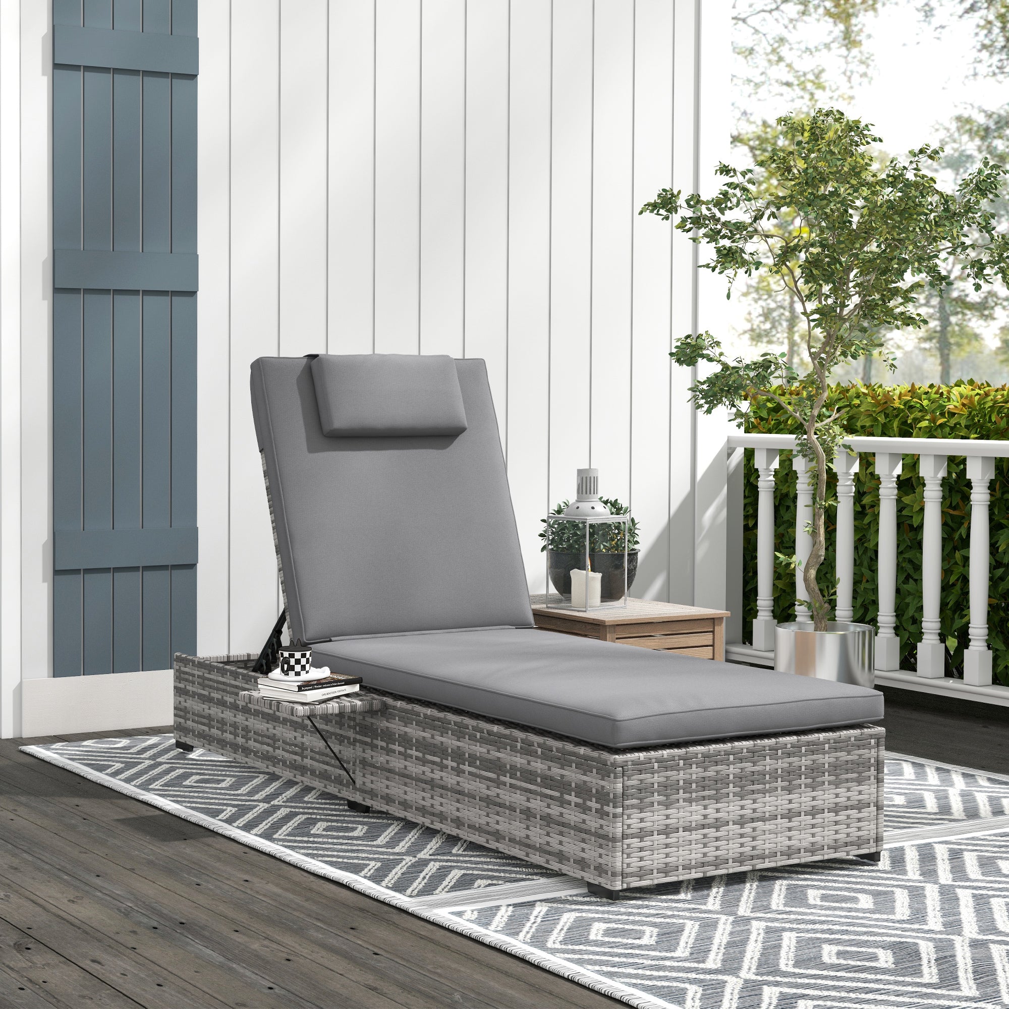Outsunny Tumbona de Ratán Reclinable Tumbona de Jardín con Respaldo Ajustable en 5 Niveles Mesita y Cojín Acolchado Carga 120 kg para Patio Terraza Gris