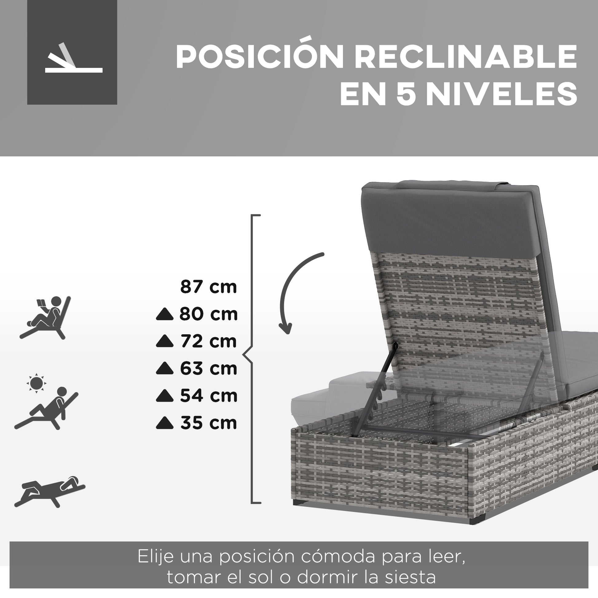 Outsunny Tumbona de Ratán Reclinable Tumbona de Jardín con Respaldo Ajustable en 5 Niveles Mesita y Cojín Acolchado Carga 120 kg para Patio Terraza Gris