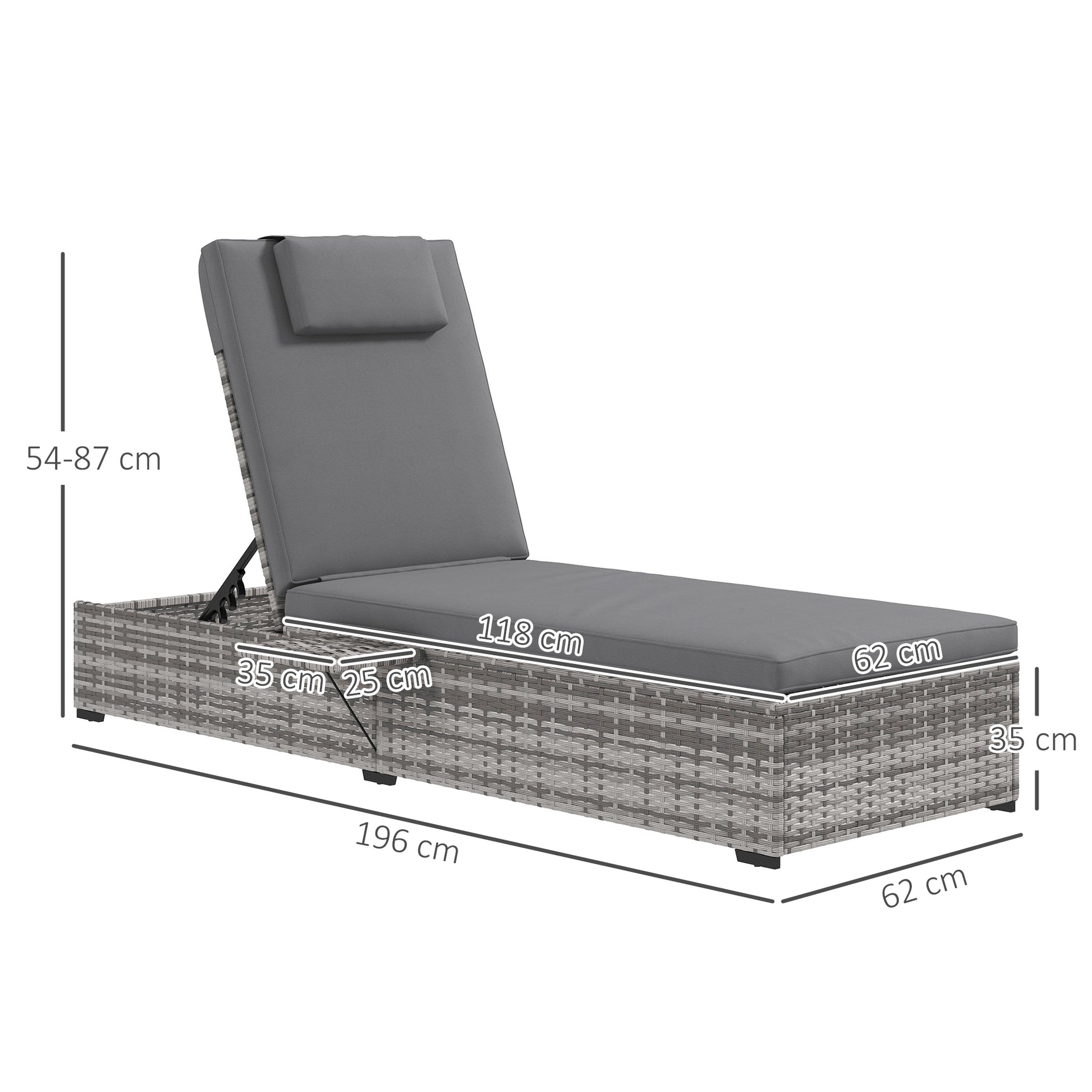 Outsunny Tumbona de Ratán Reclinable Tumbona de Jardín con Respaldo Ajustable en 5 Niveles Mesita y Cojín Acolchado Carga 120 kg para Patio Terraza Gris