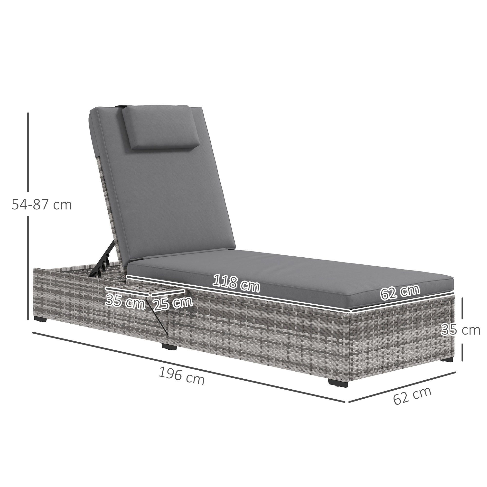 Outsunny Tumbona de Ratán Reclinable Tumbona de Jardín con Respaldo Ajustable en 5 Niveles Mesita y Cojín Acolchado Carga 120 kg para Patio Terraza Gris
