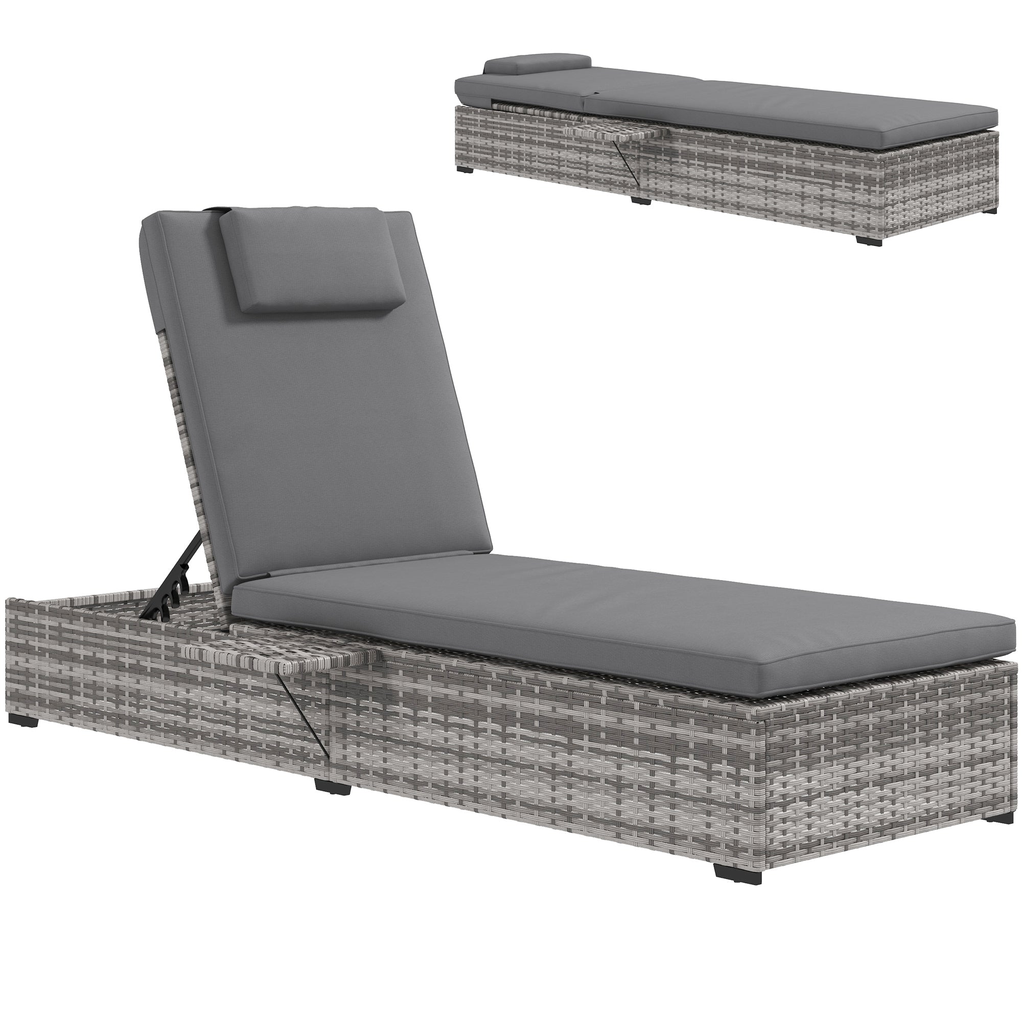 Outsunny Tumbona de Ratán Reclinable Tumbona de Jardín con Respaldo Ajustable en 5 Niveles Mesita y Cojín Acolchado Carga 120 kg para Patio Terraza Gris