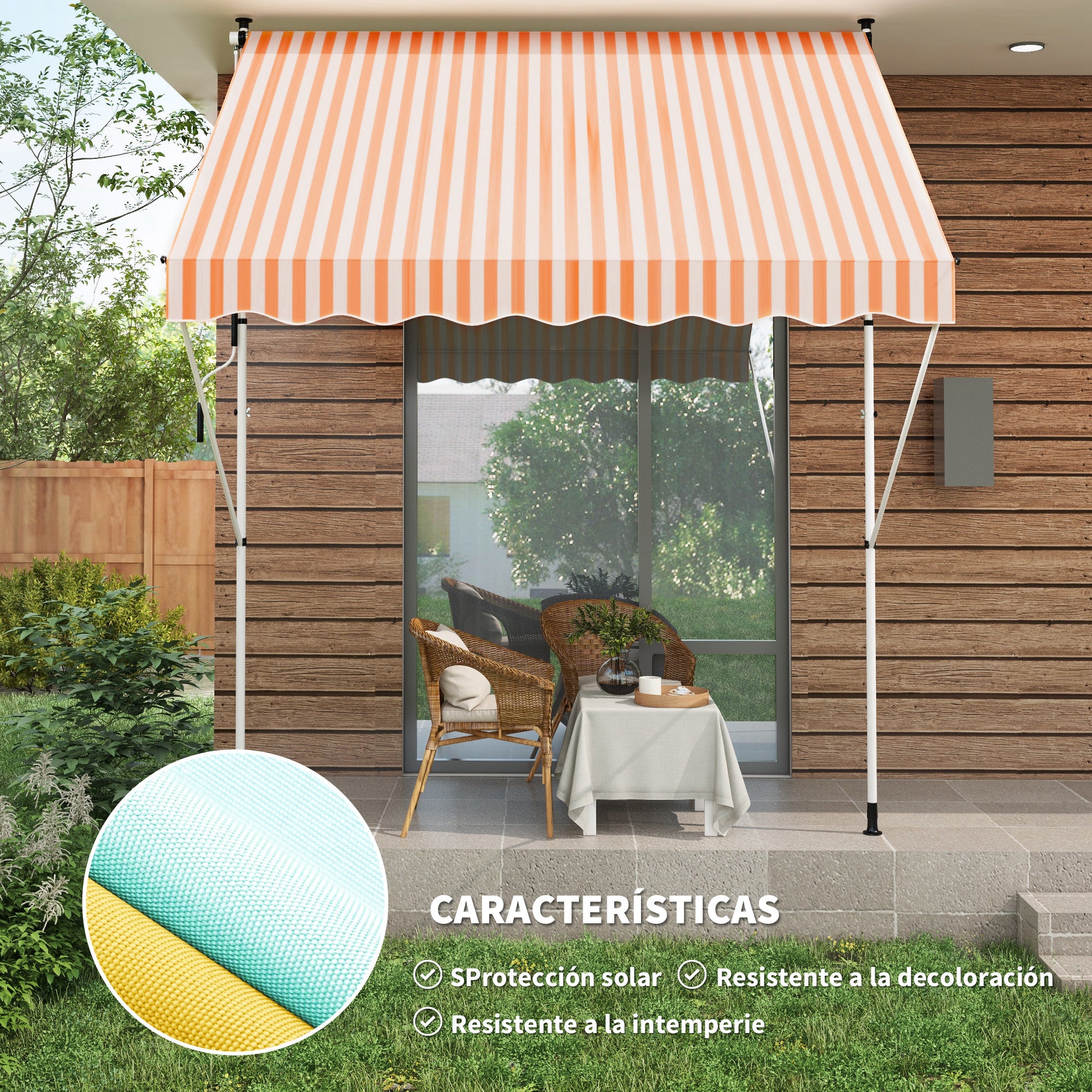 Outsunny Toldo Manual Retráctil 3x1,5 m Toldo Exterior Terraza Enrollable Altura Ajustable con Manivela 170-280 cm Sin Taladro para Balcón Jardín Naranja