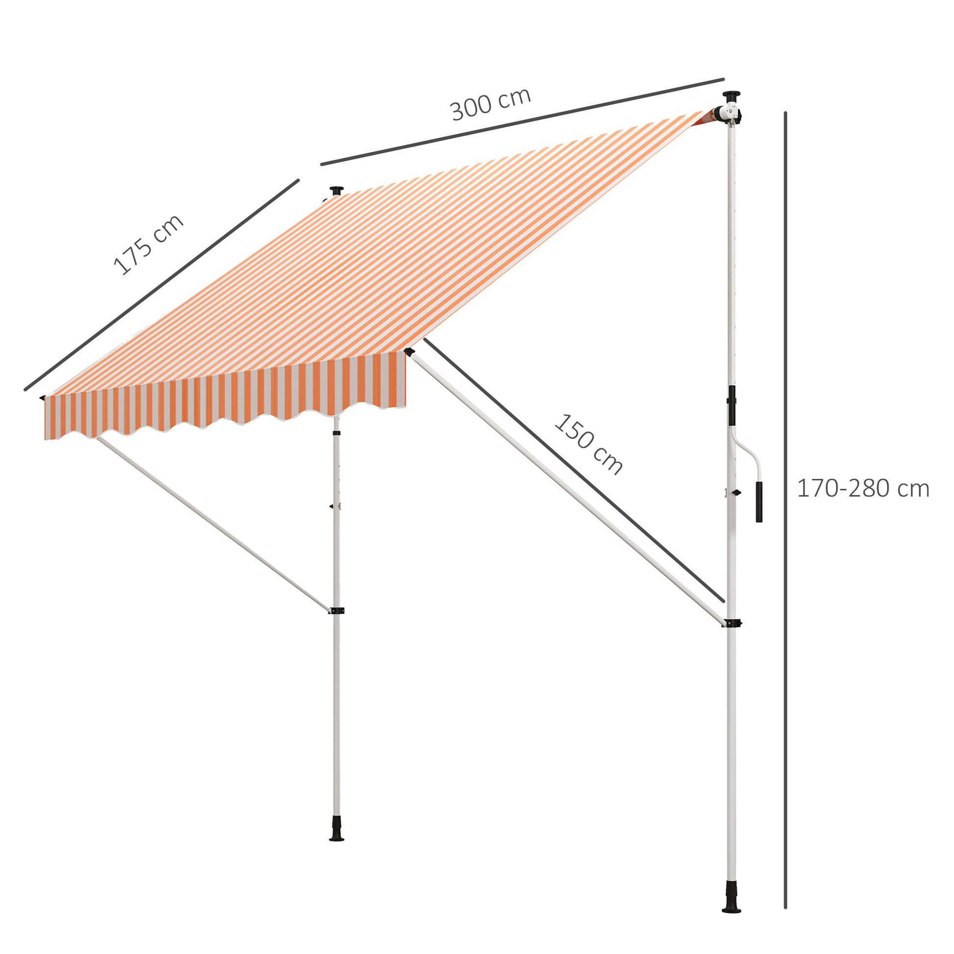 Outsunny Toldo Manual Retráctil 3x1,5 m Toldo Exterior Terraza Enrollable Altura Ajustable con Manivela 170-280 cm Sin Taladro para Balcón Jardín Naranja