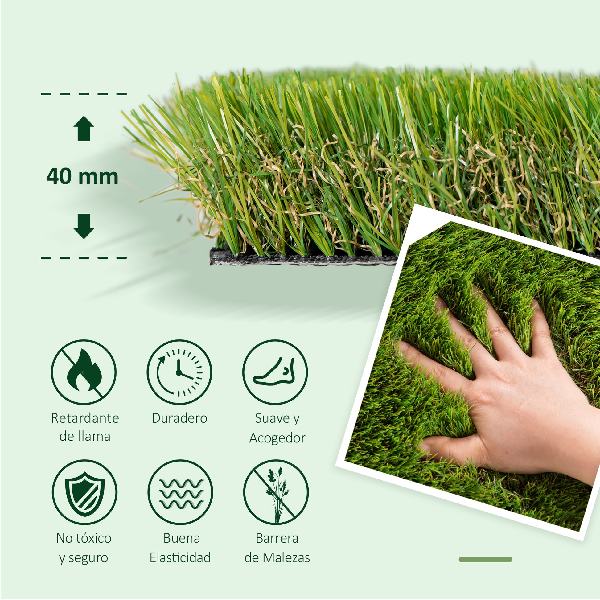 Outsunny Césped Artificial 40 mm Rollos de 1x4 m Realista Protección UV Inocuidad Ignífugo para Terraza Jardín Balcón con Orificios de Drenaje Alta Densidad Verde
