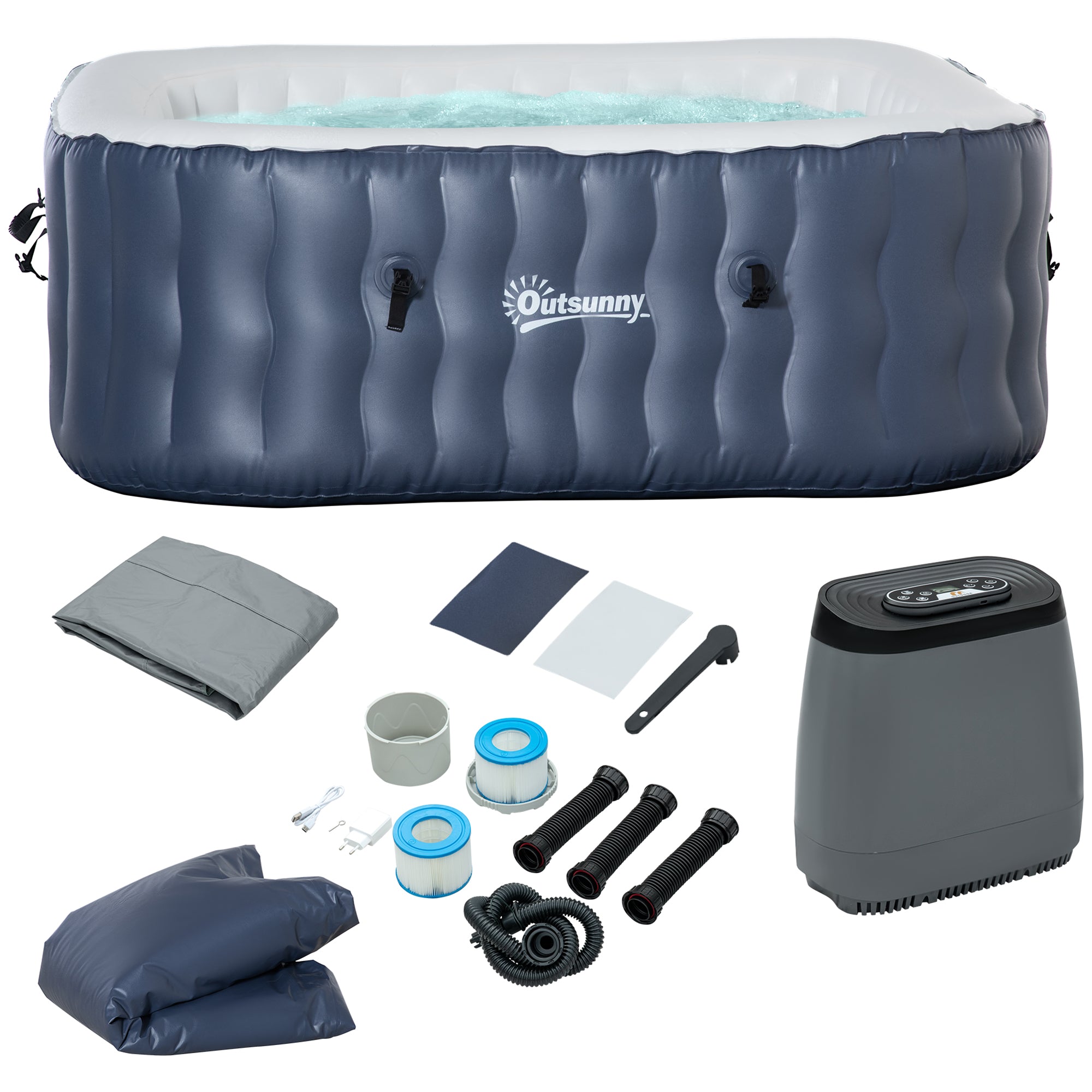 Outsunny Spa Hinchable Cuadrado para 4 Personas 930L Bañera de Hidromasaje Hinchable para Exteriores 180x180x68 cm con 108 Chorros de Masaje Control Remoto y Funda Protectora Azul