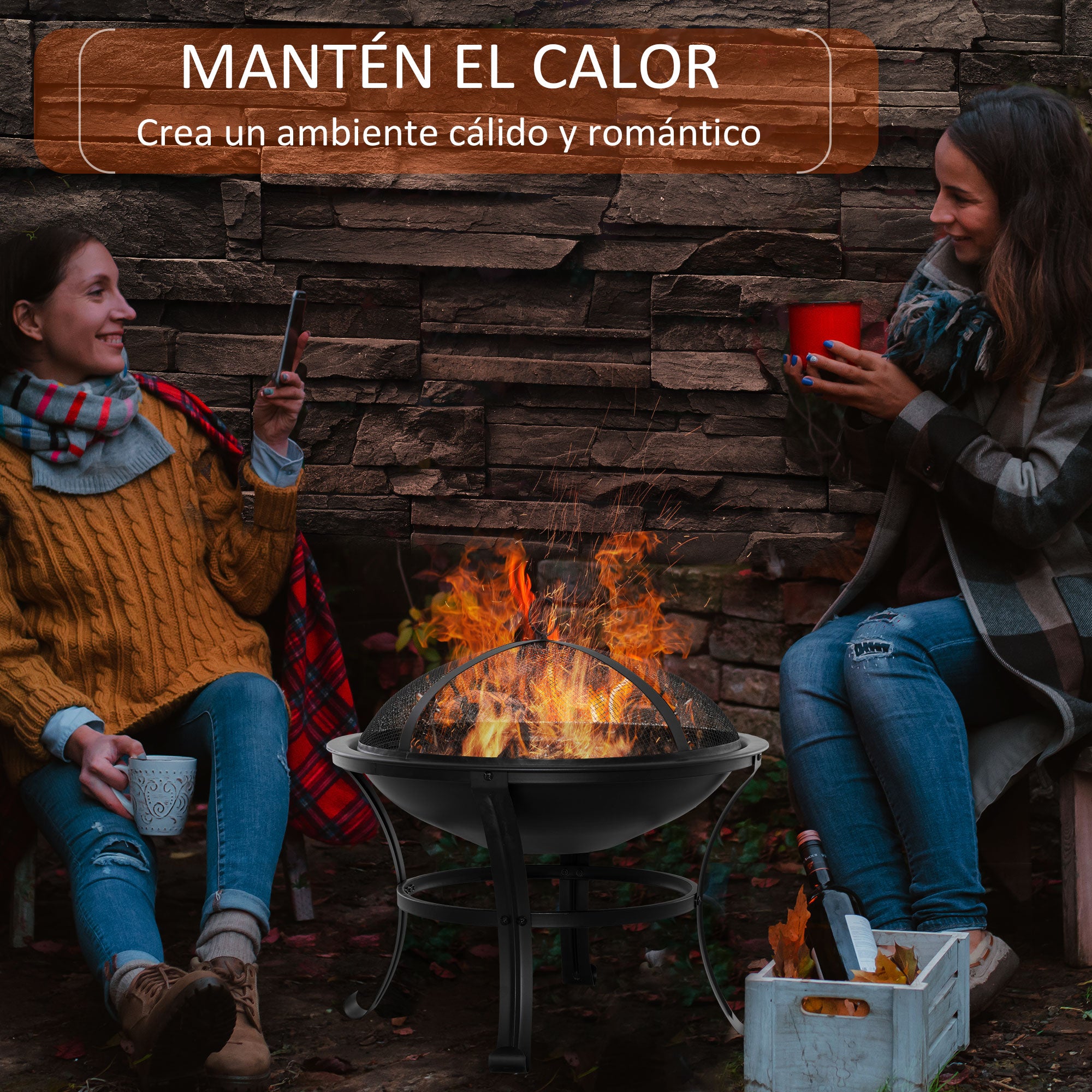 Outsunny Brasero Exterior de Metal Ø56 cm Cuenco de Fuego de Jardín con Tapa Protectora contra Chispas y Atizador para Hogueras Leñas Terraza Camping Fiestas Negro