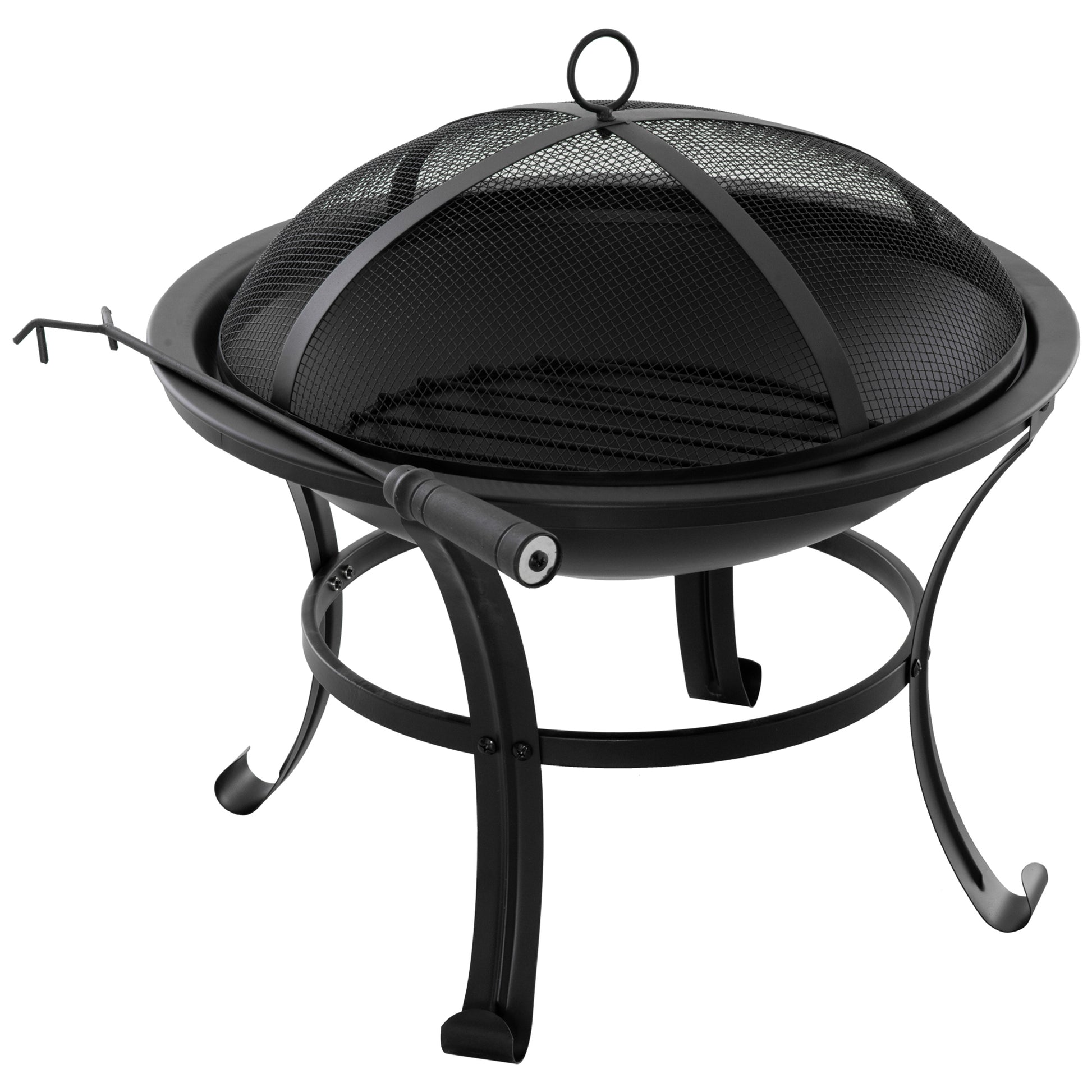 Outsunny Brasero Exterior de Metal Ø56 cm Cuenco de Fuego de Jardín con Tapa Protectora contra Chispas y Atizador para Hogueras Leñas Terraza Camping Fiestas Negro