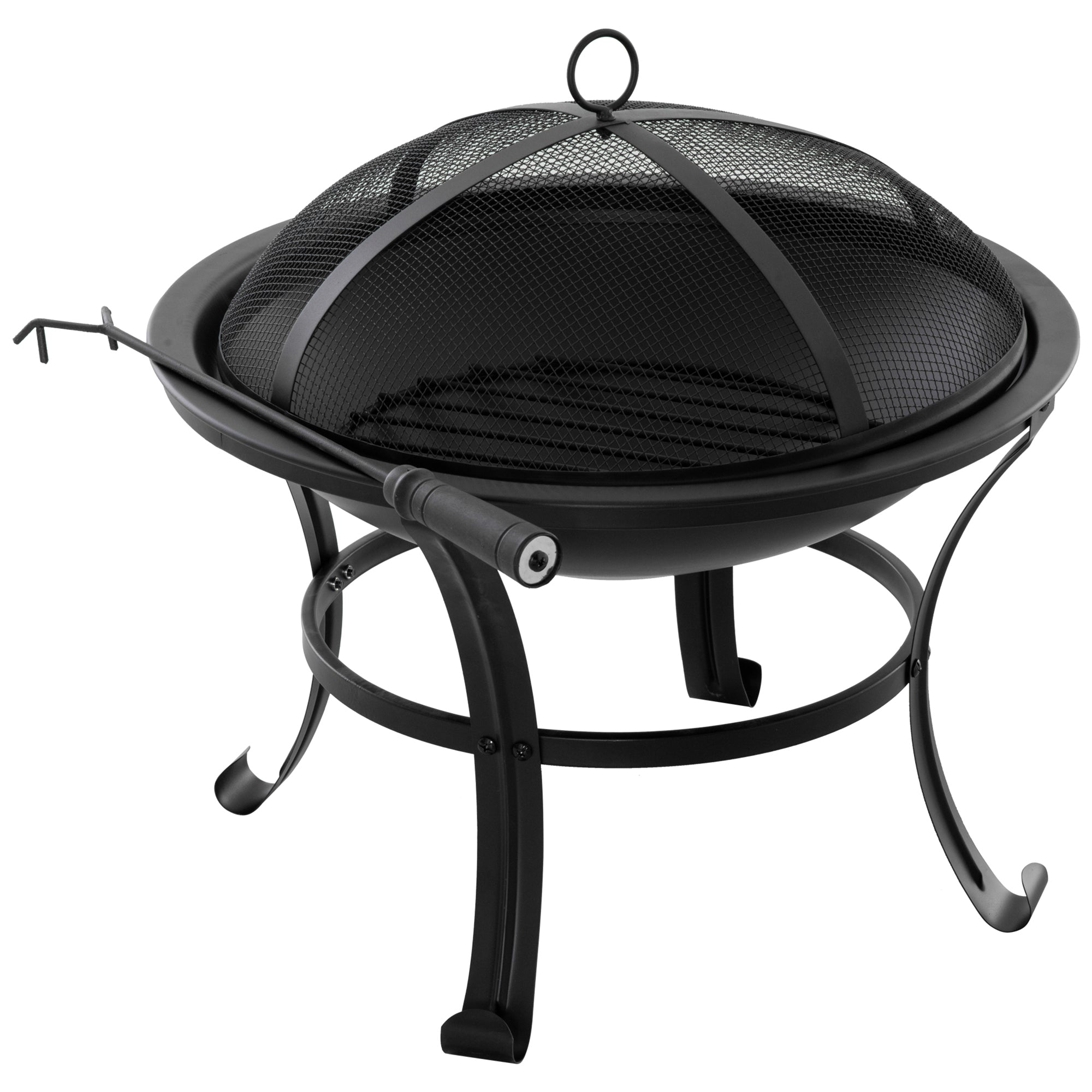 Outsunny Brasero Exterior de Metal Ø56 cm Cuenco de Fuego de Jardín con Tapa Protectora contra Chispas y Atizador para Hogueras Leñas Terraza Camping Fiestas Negro