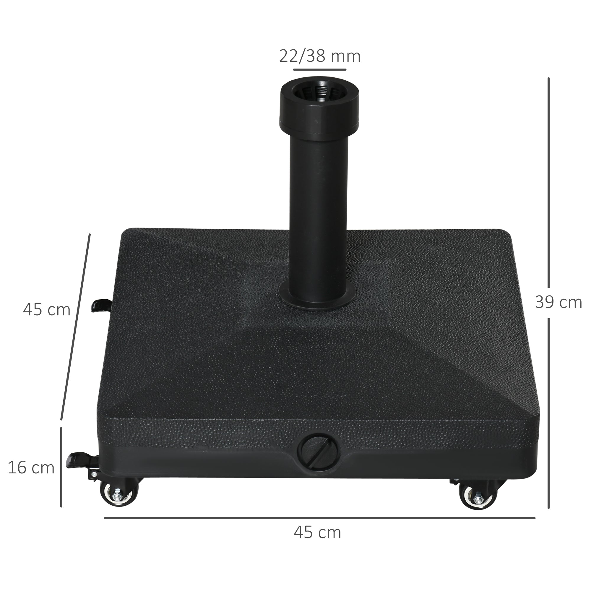 Outsunny Base de Sombrilla con 4 Ruedas Bloqueables Soporte de Parasol Rellenable de Arena 18 kg o Agua 16 kg para Jardín Patio Terraza 45x45x39 cm Negro