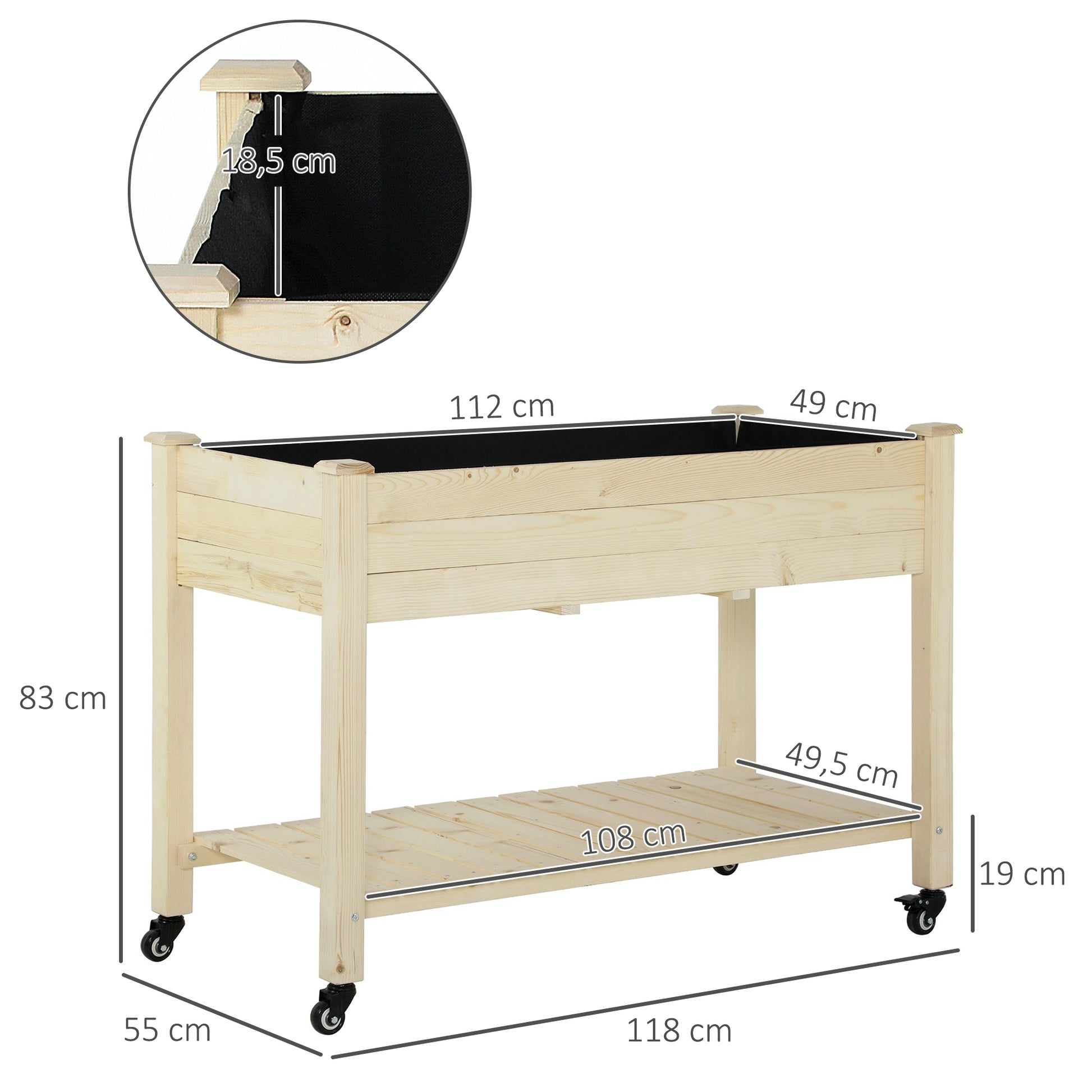 Outsunny Huerto Urbano Mesa de Cultivo 118x55x83 cm Elevado de Madera con Estante Tela Geotextil Ruedas con Frenos Portátil para Cultivo en Jardín Terraza Color Natural