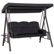 Outsunny Balancín de Jardín Exterior de 3 Plazas Columpio de Jardín Exterior con Toldo Curvo 2 Bandejas Laterales y 2 Almohadas de Brazo para Balcón Terraza Patio Carga 360 kg 206x116x183 cm Negro