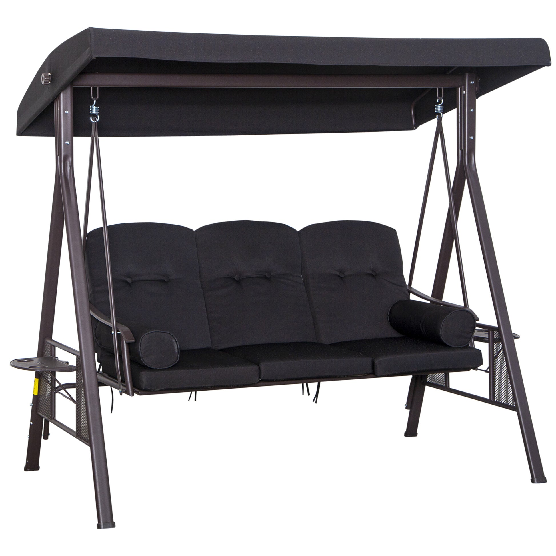 Outsunny Balancín de Jardín Exterior de 3 Plazas Columpio de Jardín Exterior con Toldo Curvo 2 Bandejas Laterales y 2 Almohadas de Brazo para Balcón Terraza Patio Carga 360 kg 206x116x183 cm Negro