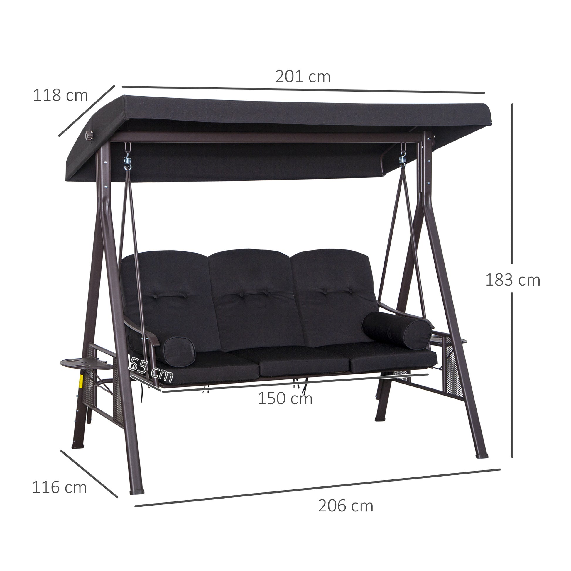 Outsunny Balancín de Jardín Exterior de 3 Plazas Columpio de Jardín Exterior con Toldo Curvo 2 Bandejas Laterales y 2 Almohadas de Brazo para Balcón Terraza Patio Carga 360 kg 206x116x183 cm Negro