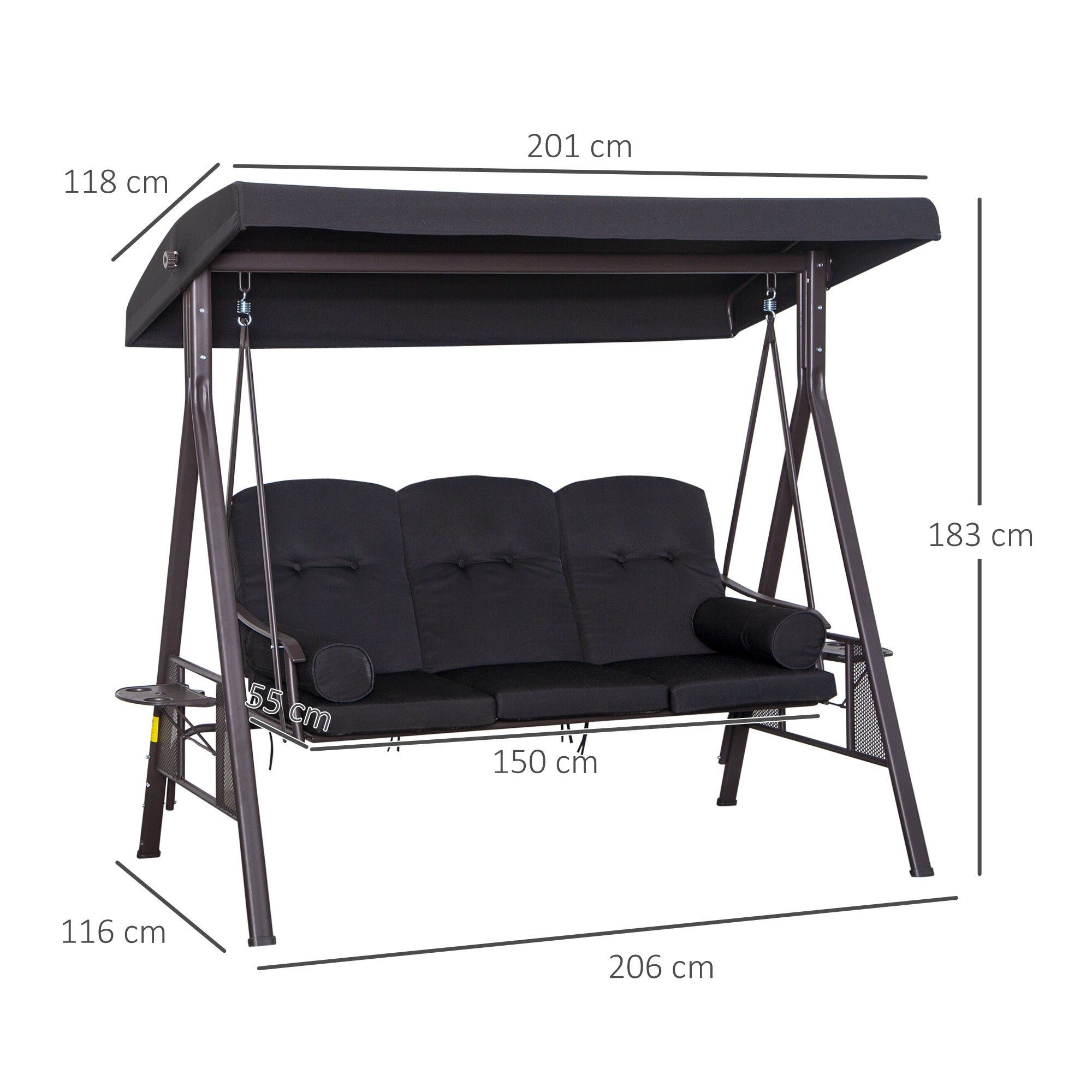 Outsunny Balancín de Jardín Exterior de 3 Plazas Columpio de Jardín Exterior con Toldo Curvo 2 Bandejas Laterales y 2 Almohadas de Brazo para Balcón Terraza Patio Carga 360 kg 206x116x183 cm Negro