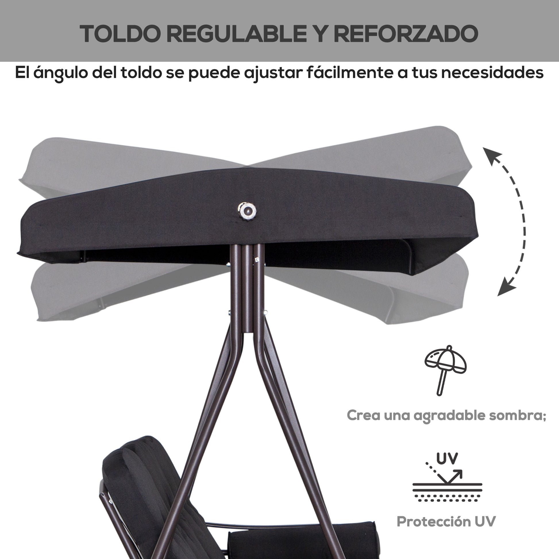Outsunny Balancín de Jardín Exterior de 3 Plazas Columpio de Jardín Exterior con Toldo Curvo 2 Bandejas Laterales y 2 Almohadas de Brazo para Balcón Terraza Patio Carga 360 kg 206x116x183 cm Negro