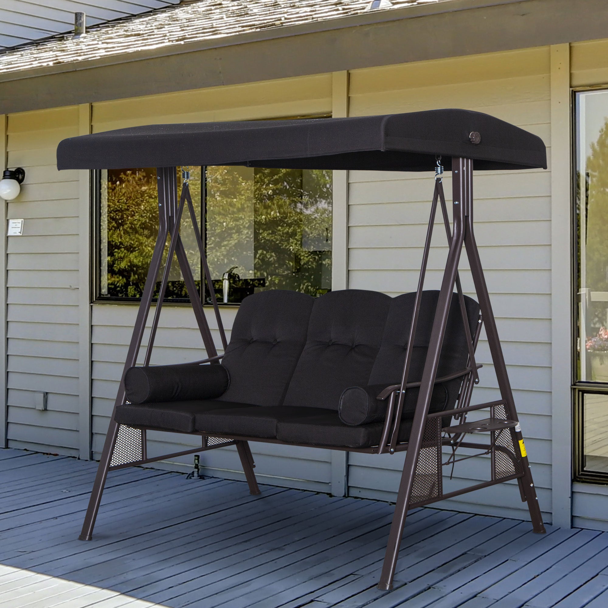Outsunny Balancín de Jardín Exterior de 3 Plazas Columpio de Jardín Exterior con Toldo Curvo 2 Bandejas Laterales y 2 Almohadas de Brazo para Balcón Terraza Patio Carga 360 kg 206x116x183 cm Negro