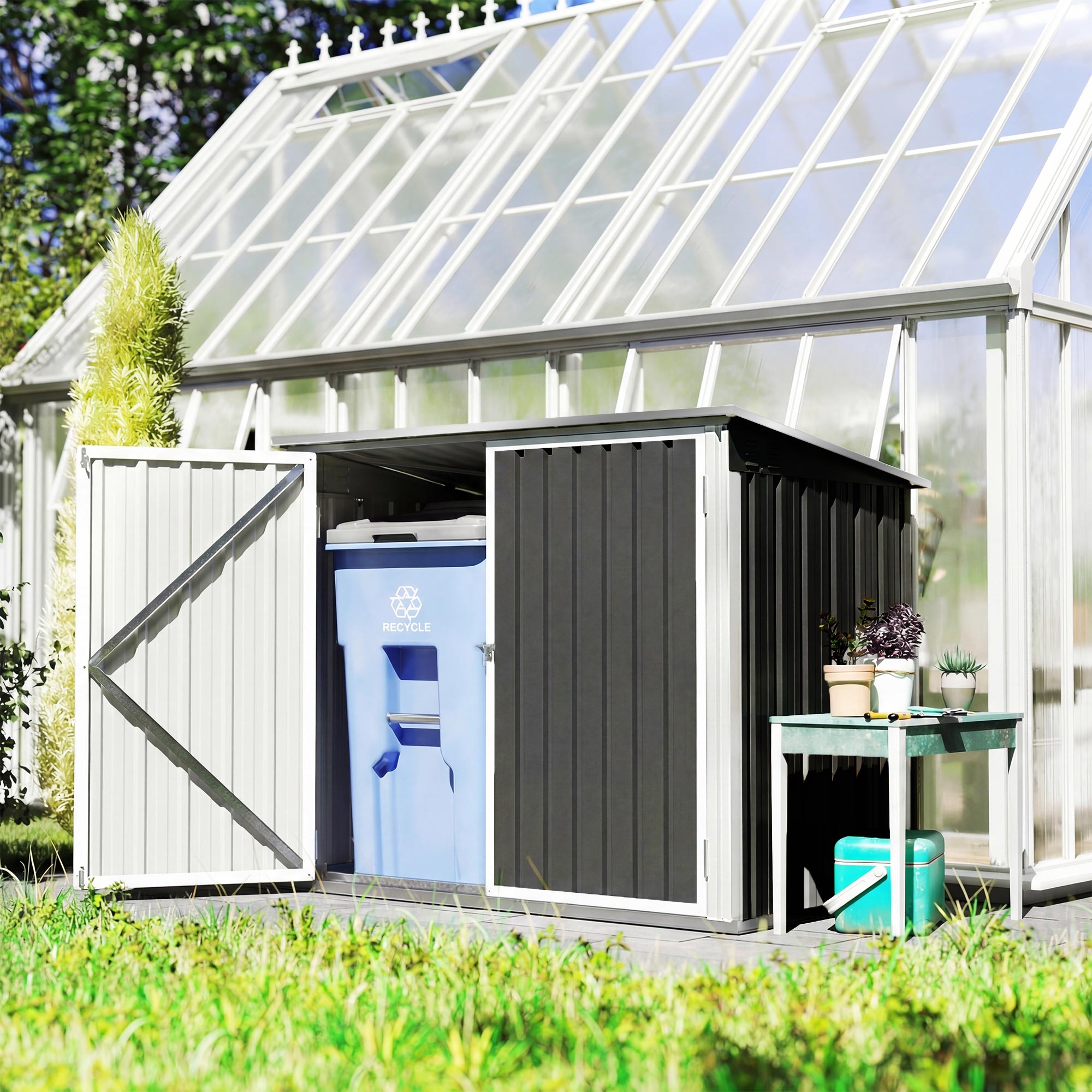 Outsunny Cobertizo para Contenedor de Basura Doble, Caseta para Cubo de Basura de Acero Galvanizado con Tapa Abatible y Puertas Doble, para Jardín, Exterior, 179,5x108x129,5 cm, Gris Oscuro