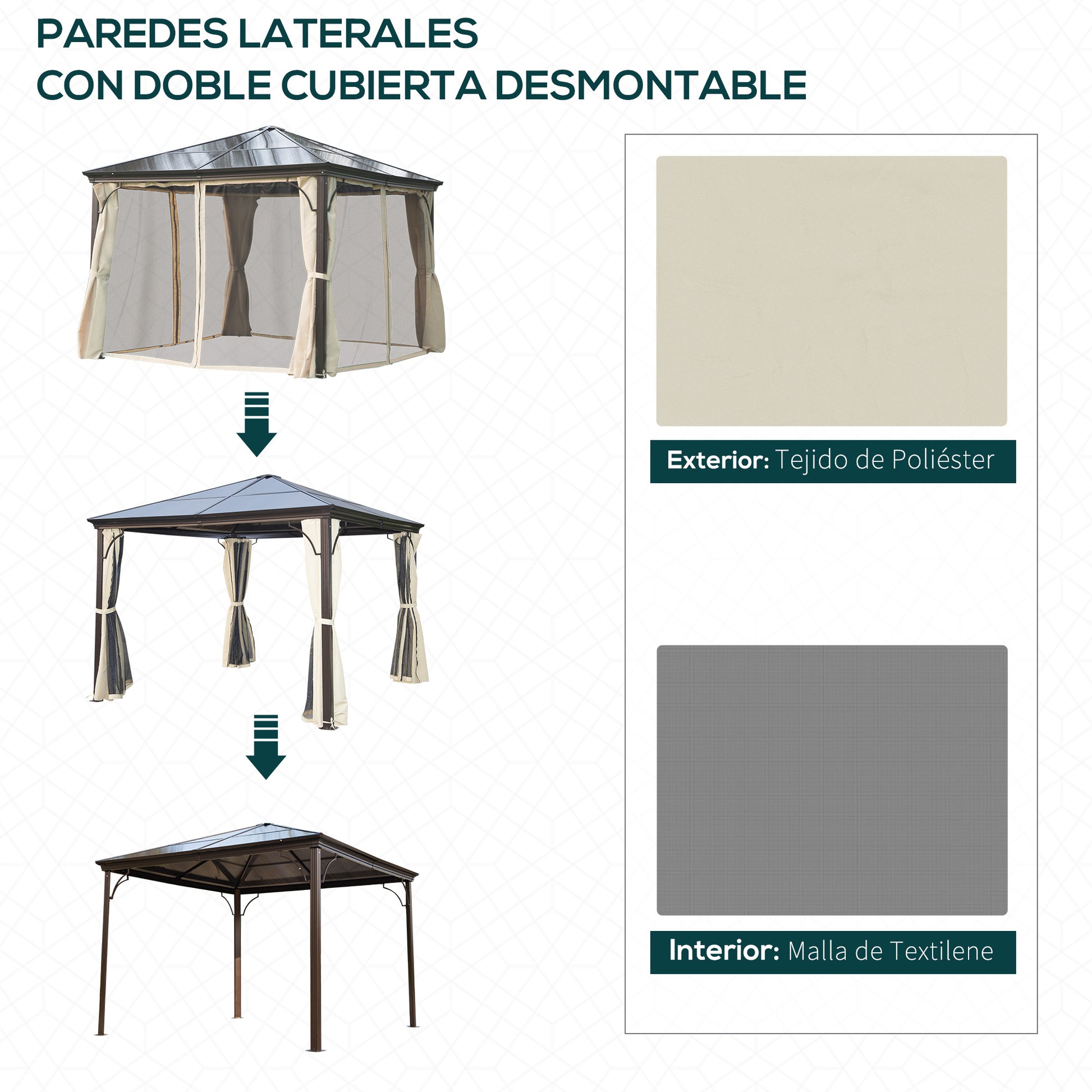 Outsunny Cenador para Jardín 3x3 m Alumnio Pabellón para Exterior con Techo de Policarbonato Anti-UV y 4 Mosquiteras Laterales con Cremalleras para Fiestas Eventos Beige